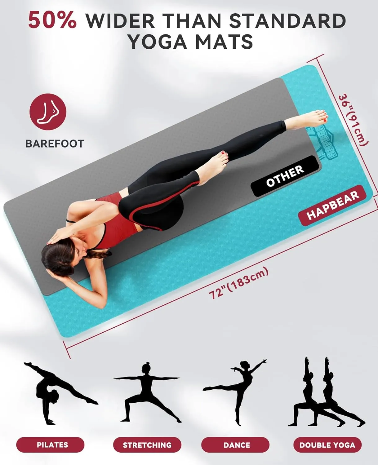 HAPBEAR Large Yoga Mat - 72"x36"x6mm (1/4 inch), Extra Wide Non-Slip Exercise Mat for Home Workout, Yoga, Pilates & Stretching, Durable & Eco-Friendly, Includes Bonus Resistance Bands & Carry Bag