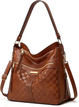 Hobo Bags for Women Stylish Checkered Pattern Crossbody Handbags Retro Large Capacity Shoulder Bag Bucket Purse