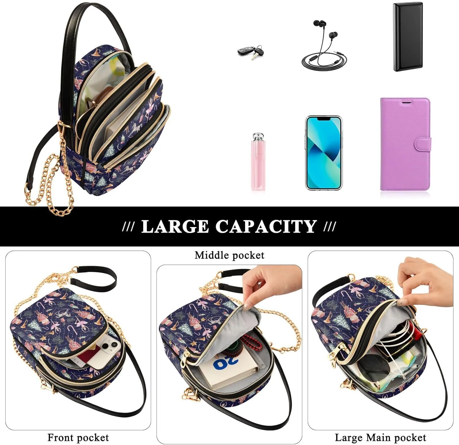 Holiday Festive Cell Phone Purse Crossbody Handbag Durable Shoulder Bag Travel Pouch