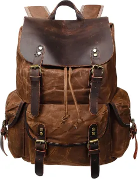 HuaChen Leather Backpack for Men,Waxed Canvas Shoulder Rucksack for Travel Laptop School