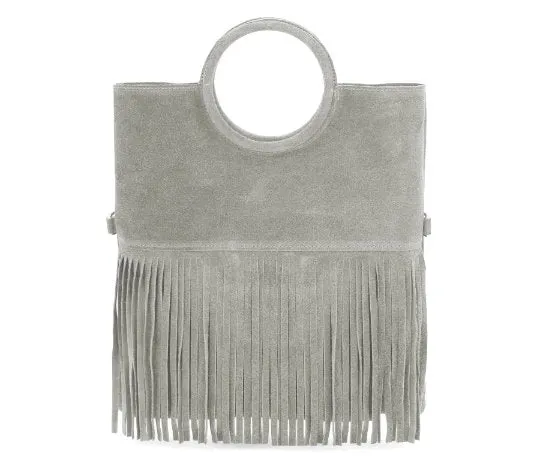 Italian Leather Suede Leather Circle Handle with Fringes Handbag with matching Crossbody bag - Swolit Giulia-Light Grey