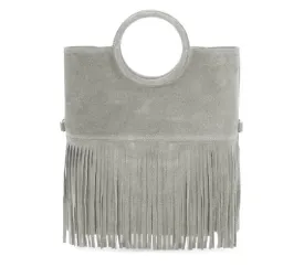 Italian Leather Suede Leather Circle Handle with Fringes Handbag with matching Crossbody bag - Swolit Giulia-Light Grey