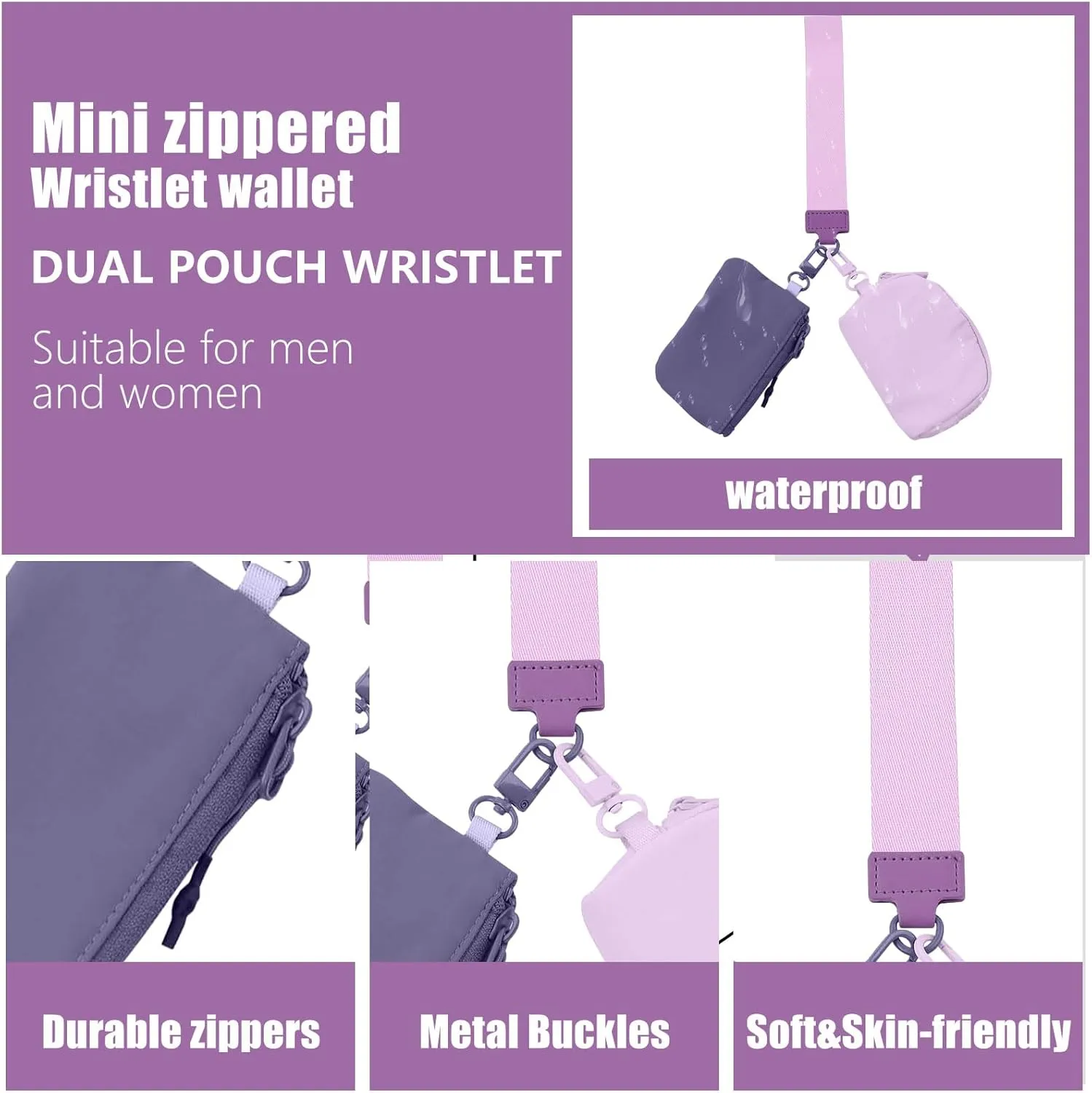 Keychain Wristlet Wallet, Dual Pouch Wristlet Wallet for Women, Keychain Wallets Detachable Mini Coin Purse, Small Zipper Wallet Portable Pocket (Light Purple- Lavender Purple)