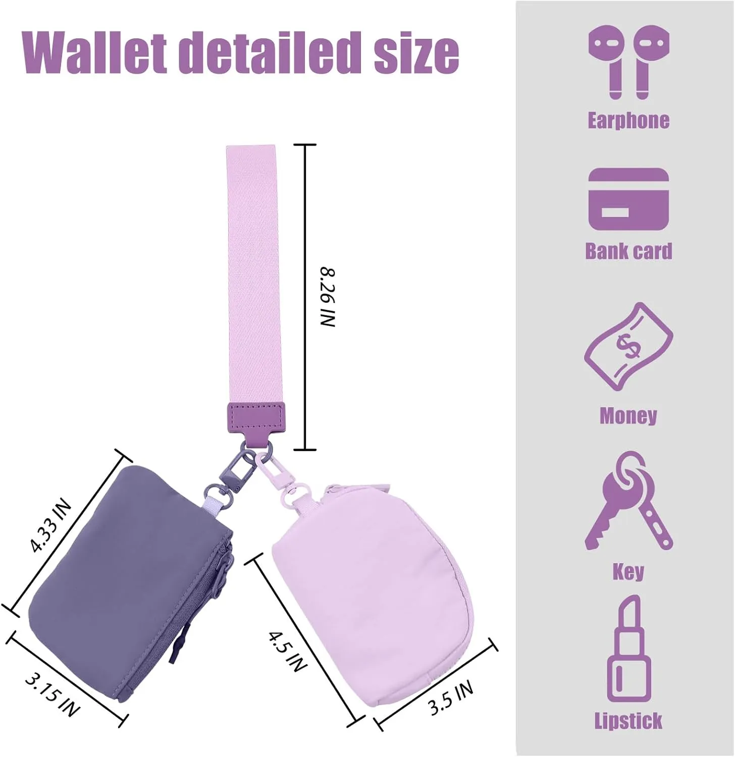 Keychain Wristlet Wallet, Dual Pouch Wristlet Wallet for Women, Keychain Wallets Detachable Mini Coin Purse, Small Zipper Wallet Portable Pocket (Light Purple- Lavender Purple)