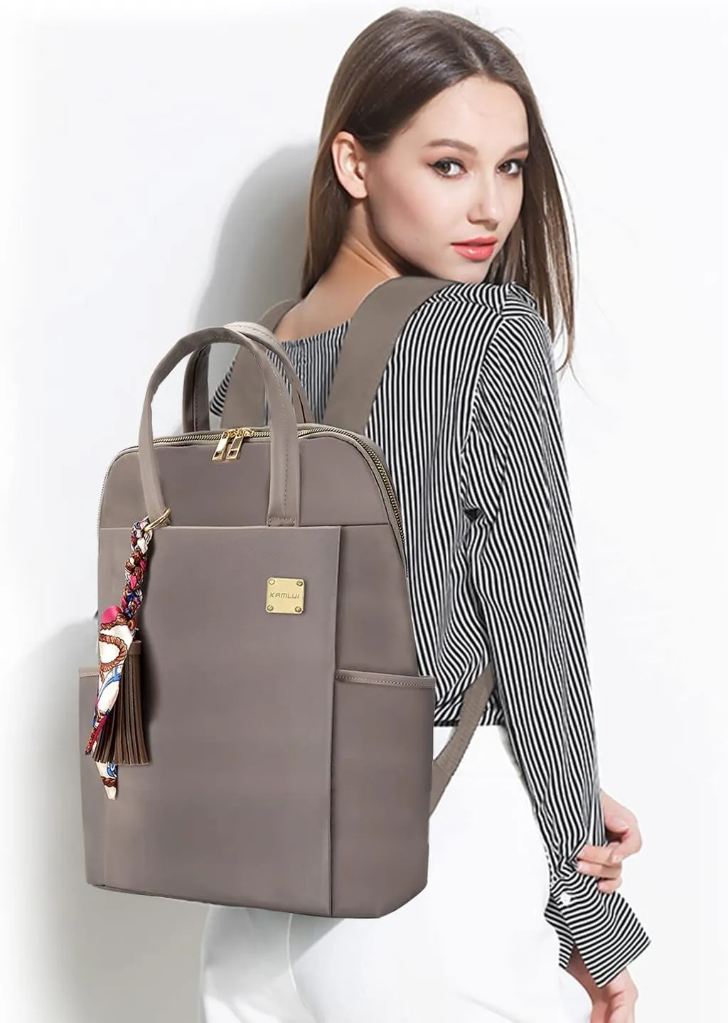 Laptop Backpack for Women 15.6-inch Slim - Laptop Bag Computer Case Purse Travel Lightweight Medium Size Satchel Daypack 16-inch Water-resistant Business Comutter Fashion Stylish Nylon Khaki