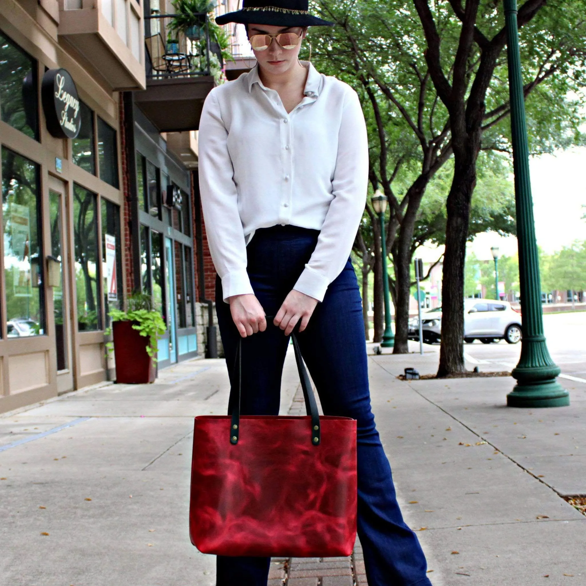 Large Red Pull Up Leather Tote