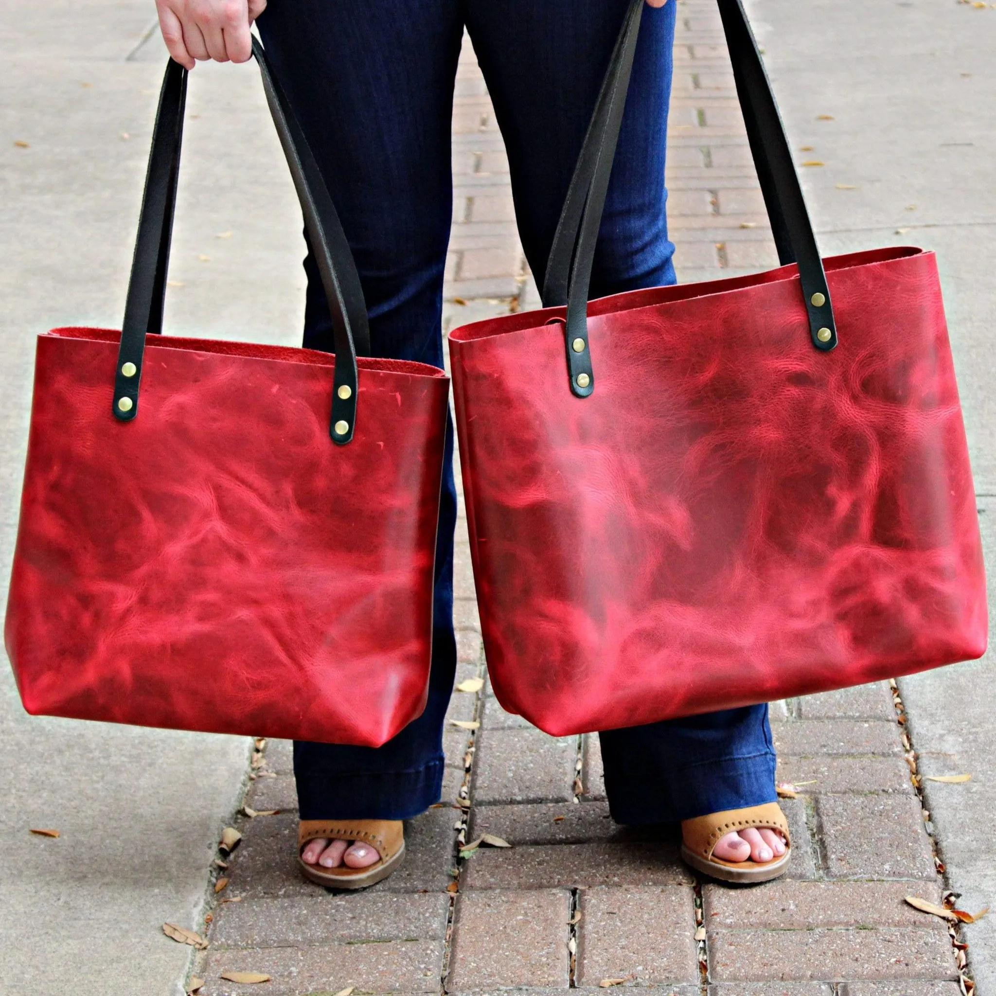 Large Red Pull Up Leather Tote