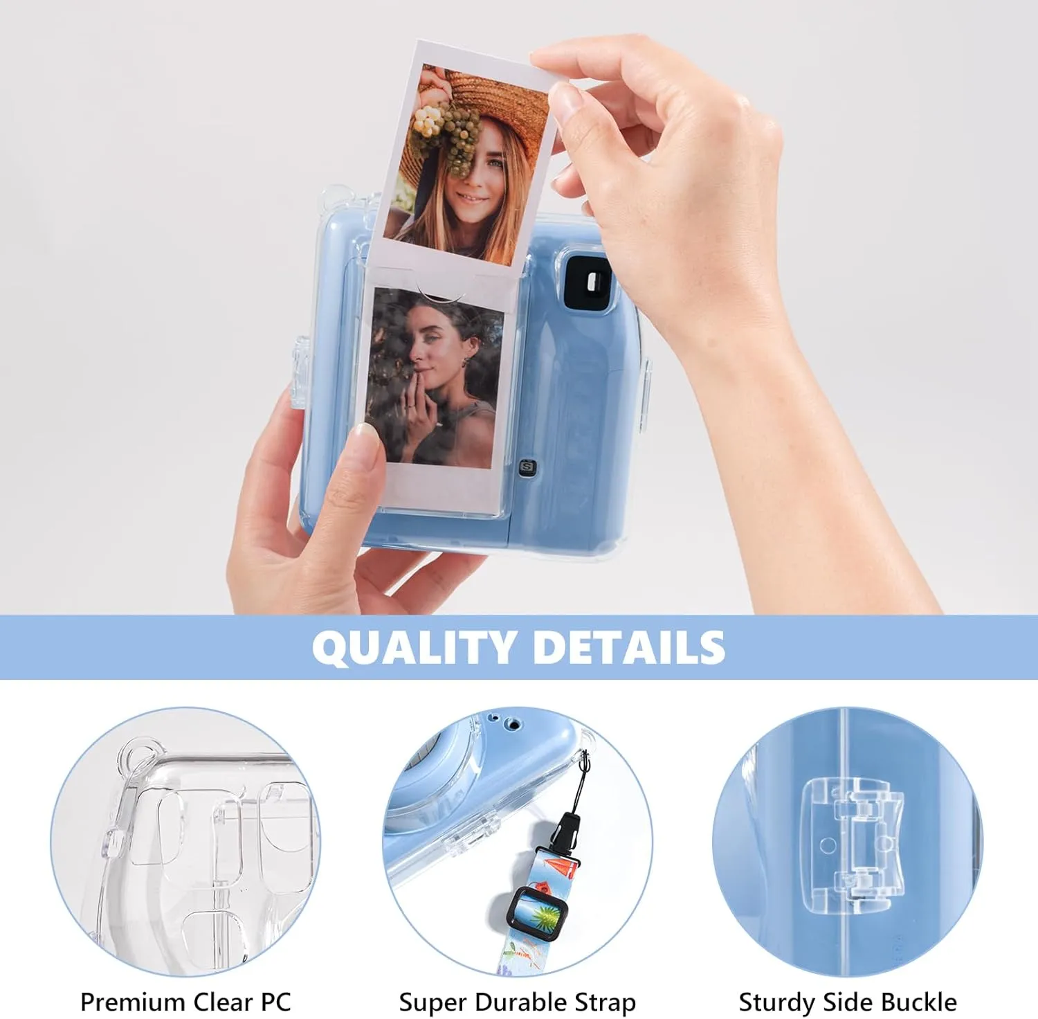 Mini SE Clear Case, Hard Cover for Fujifilm Instax Mini SE Instant Camera With Cute Cartoon Sticker and Shoulder Strap for Girls Boys - Blue Beach Sea