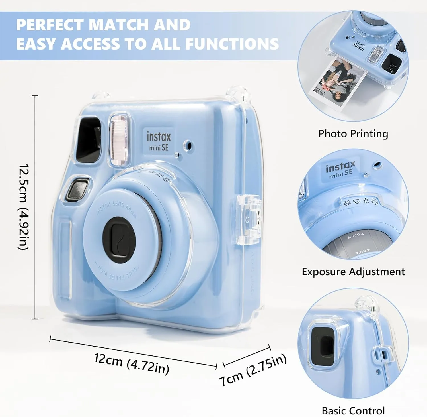 Mini SE Clear Case, Hard Cover for Fujifilm Instax Mini SE Instant Camera With Cute Cartoon Sticker and Shoulder Strap for Girls Boys - Blue Beach Sea