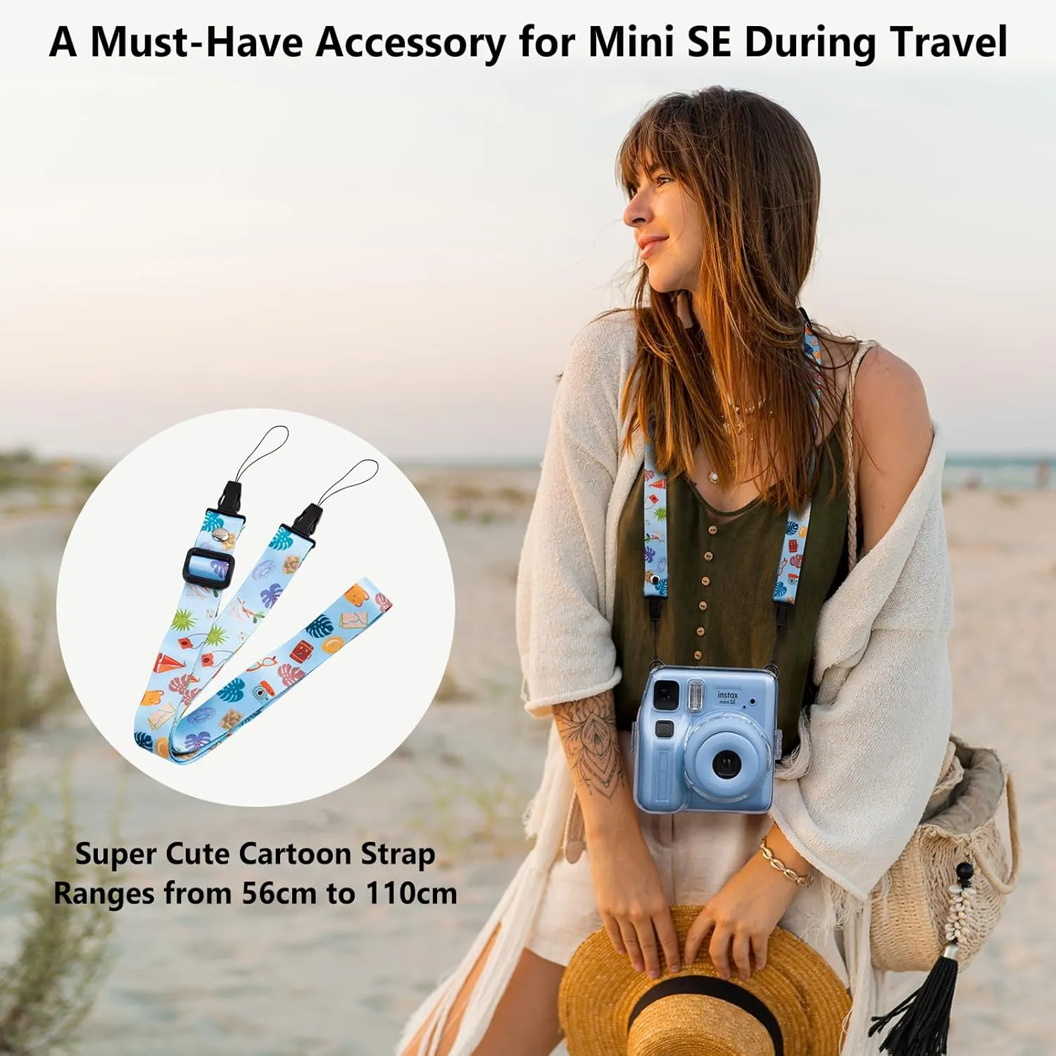 Mini SE Clear Case, Hard Cover for Fujifilm Instax Mini SE Instant Camera With Cute Cartoon Sticker and Shoulder Strap for Girls Boys - Blue Beach Sea