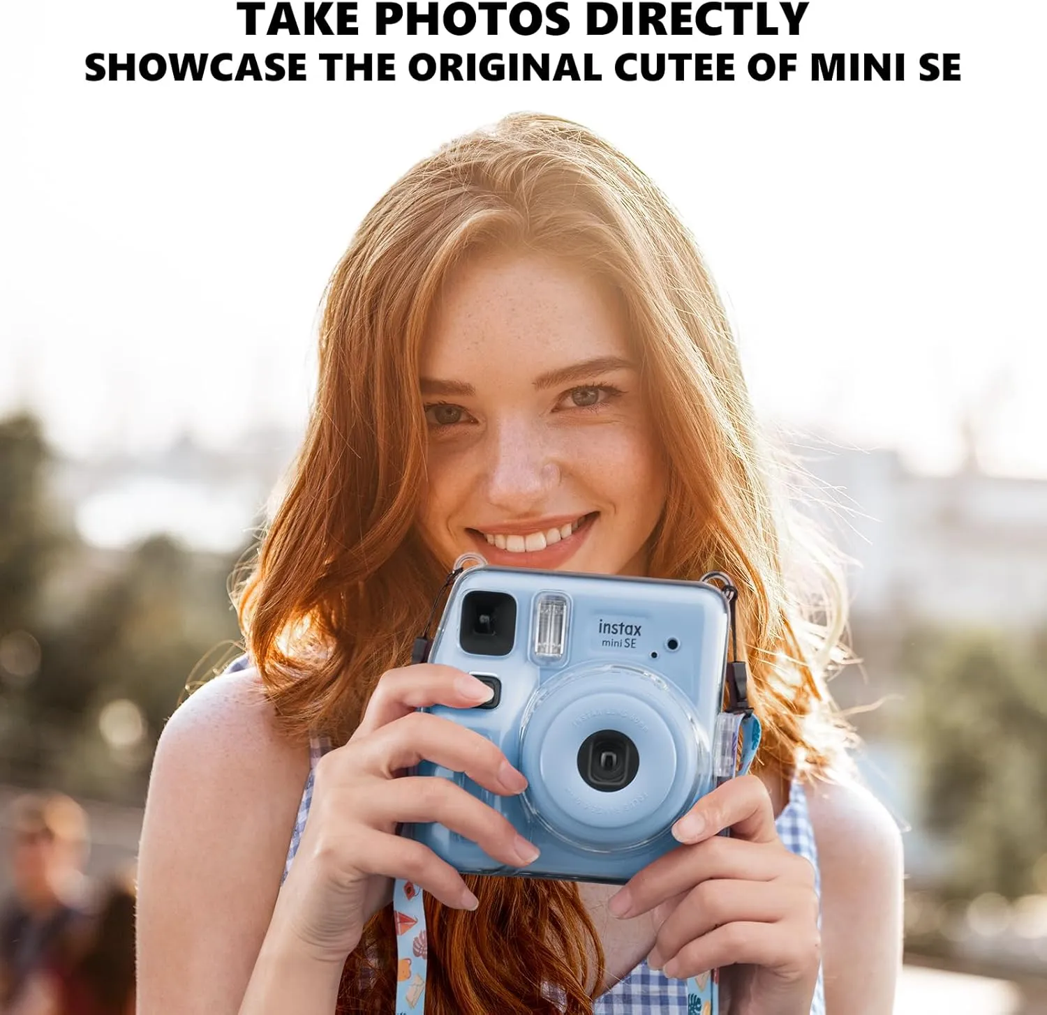 Mini SE Clear Case, Hard Cover for Fujifilm Instax Mini SE Instant Camera With Cute Cartoon Sticker and Shoulder Strap for Girls Boys - Blue Beach Sea