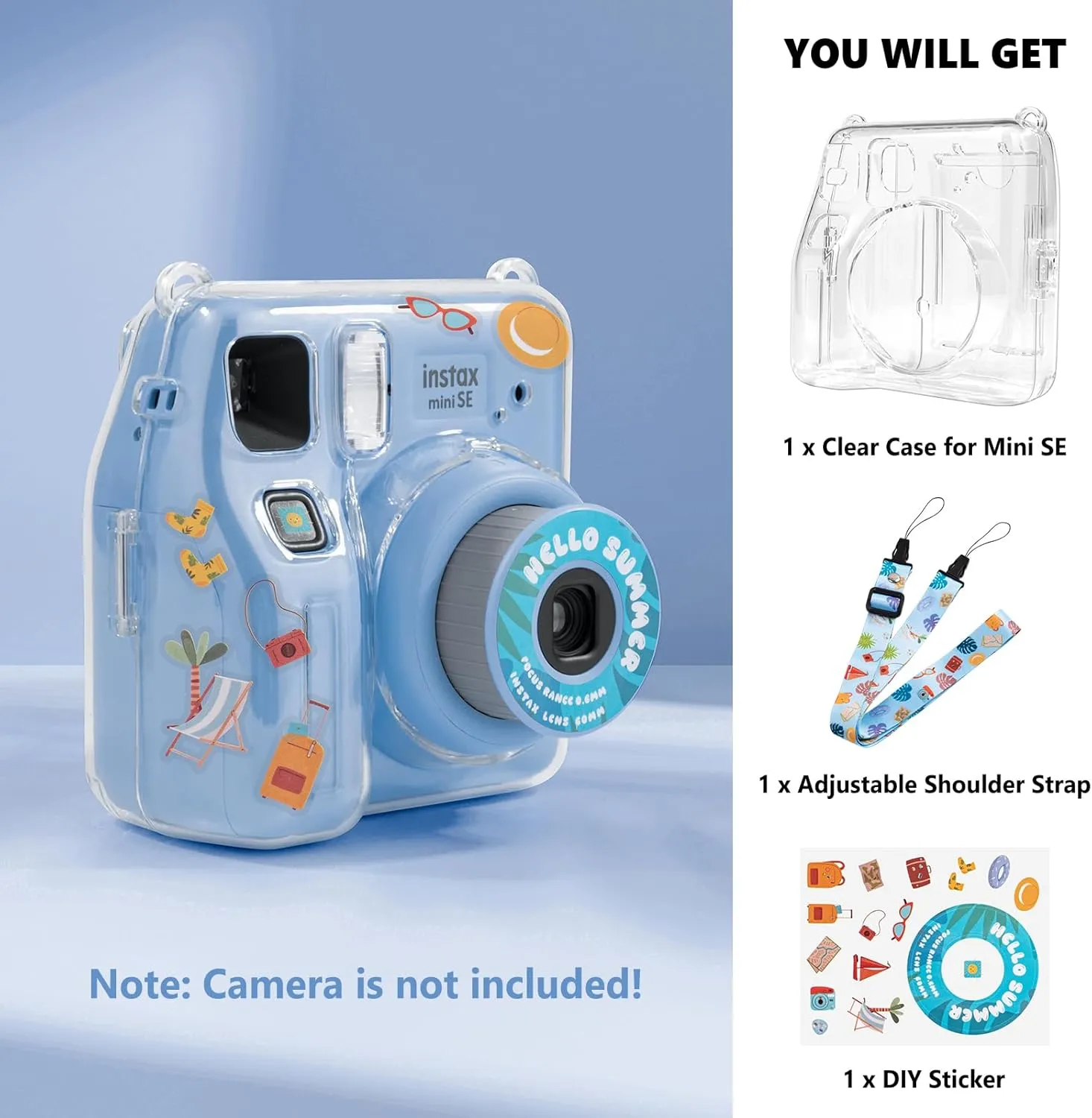 Mini SE Clear Case, Hard Cover for Fujifilm Instax Mini SE Instant Camera With Cute Cartoon Sticker and Shoulder Strap for Girls Boys - Blue Beach Sea