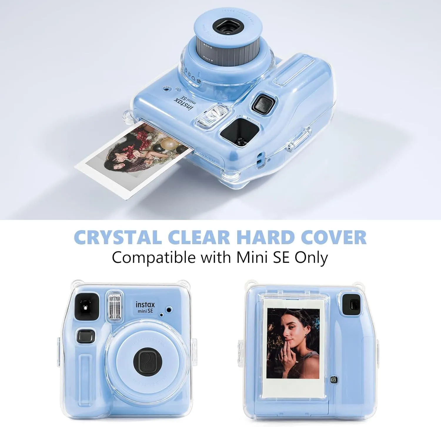 Mini SE Clear Case, Hard Cover for Fujifilm Instax Mini SE Instant Camera With Cute Cartoon Sticker and Shoulder Strap for Girls Boys - Blue Beach Sea