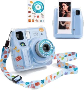 Mini SE Clear Case, Hard Cover for Fujifilm Instax Mini SE Instant Camera With Cute Cartoon Sticker and Shoulder Strap for Girls Boys - Blue Beach Sea