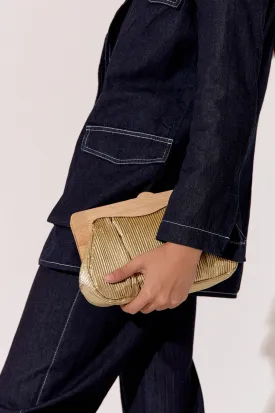 Mira Metallic Pleated Timber Frame Clutch Gold