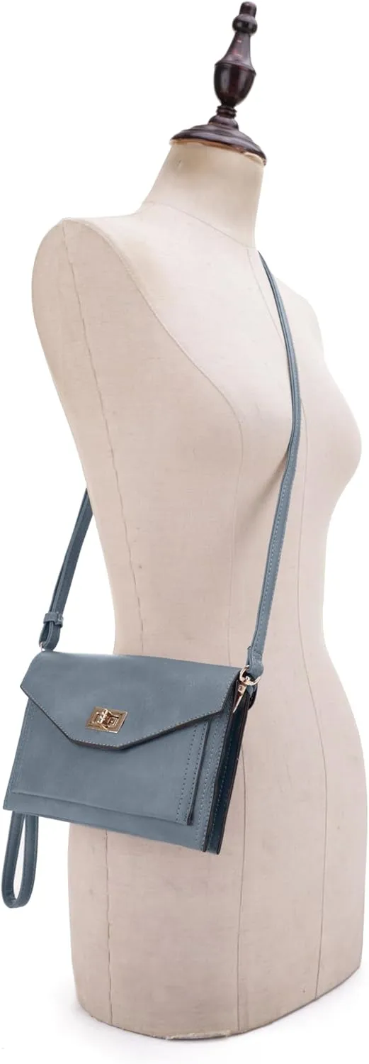 Multifunctional Women's Envelope Style Crossbody Wallet Clutch with Turn Lock and Zipper Closure