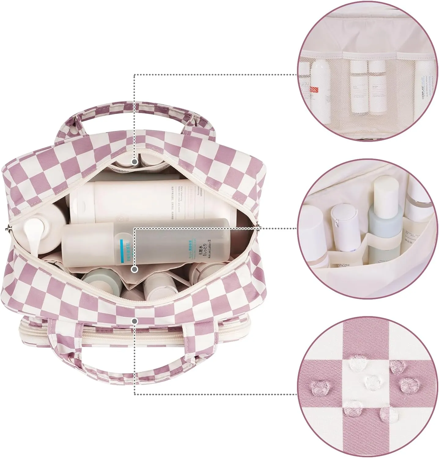 Narwey Large Toiletry Bag Women Makeup Bag Organizer Travel Cosmetic Bag for Toiletries Essentials Accessories (Dusty Rose Checkerboard)