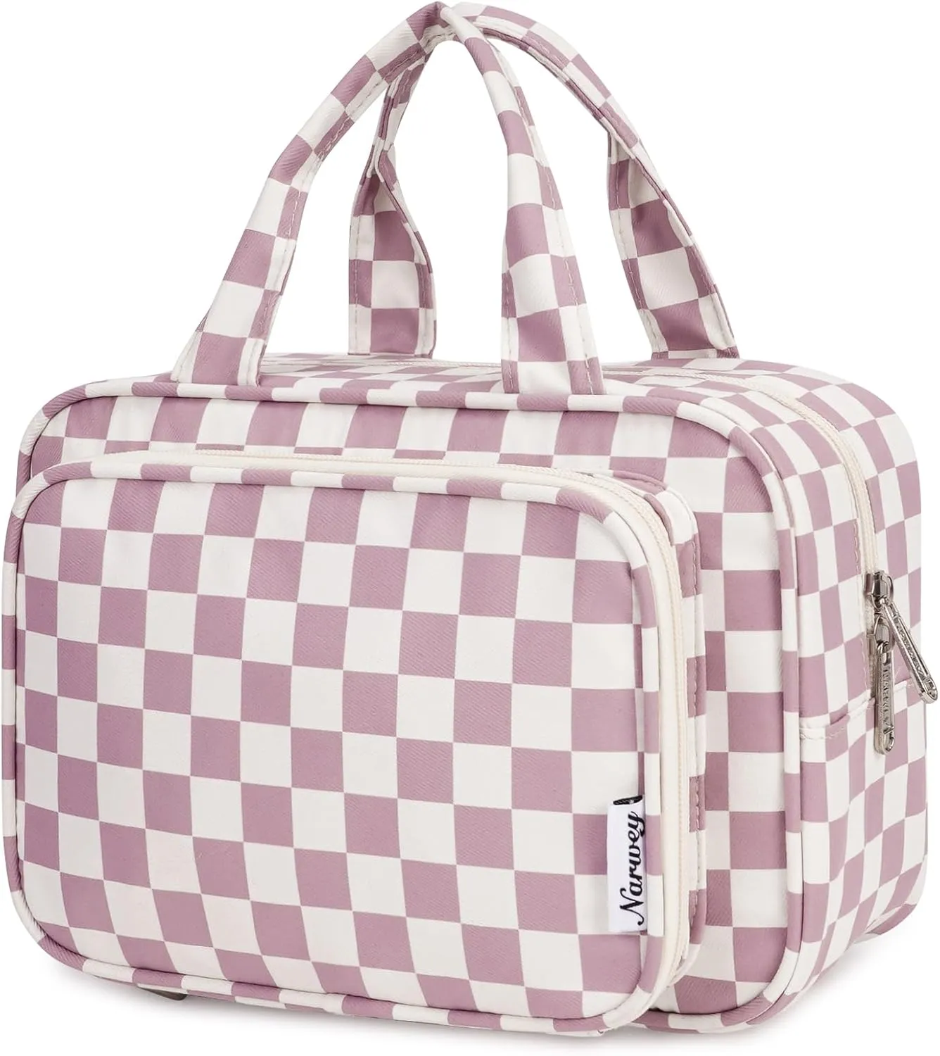 Narwey Large Toiletry Bag Women Makeup Bag Organizer Travel Cosmetic Bag for Toiletries Essentials Accessories (Dusty Rose Checkerboard)