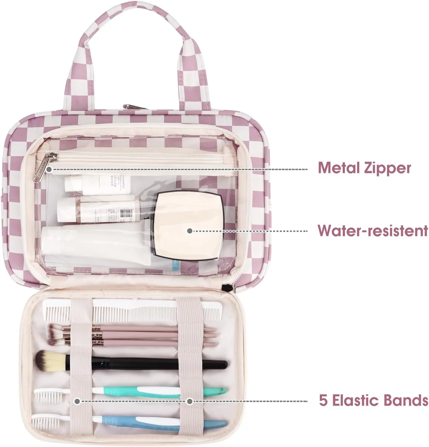 Narwey Large Toiletry Bag Women Makeup Bag Organizer Travel Cosmetic Bag for Toiletries Essentials Accessories (Dusty Rose Checkerboard)