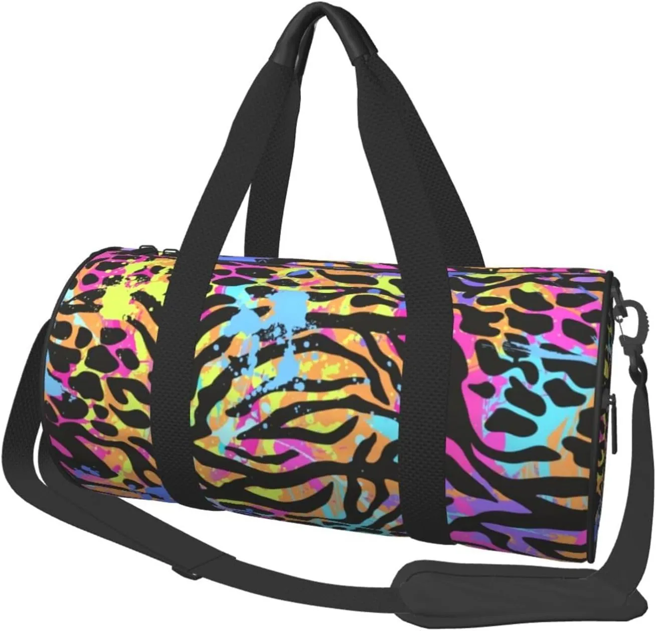 Neon Animal Zebra Print Round Duffle Bag, Spacious Sport Travel Bag With Zippered Pockets & Soft Grip Handles