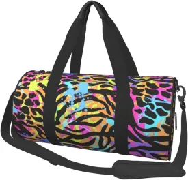 Neon Animal Zebra Print Round Duffle Bag, Spacious Sport Travel Bag With Zippered Pockets & Soft Grip Handles