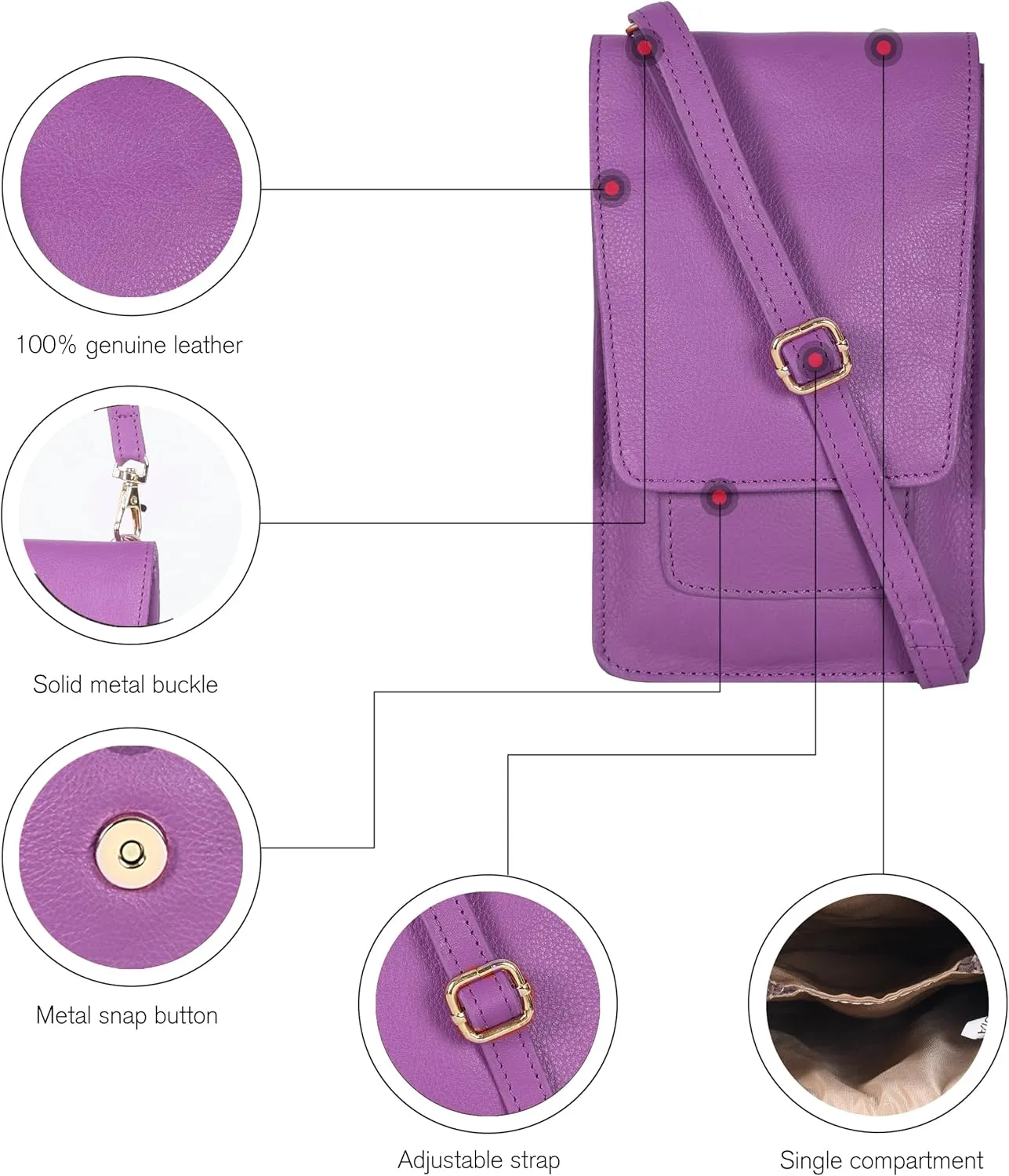 Oak Leathers Small Crossbody Bag For Women - Mini Cell Phone Purse - Crossover Wallet Bag With Adjustable Shoulder Strap