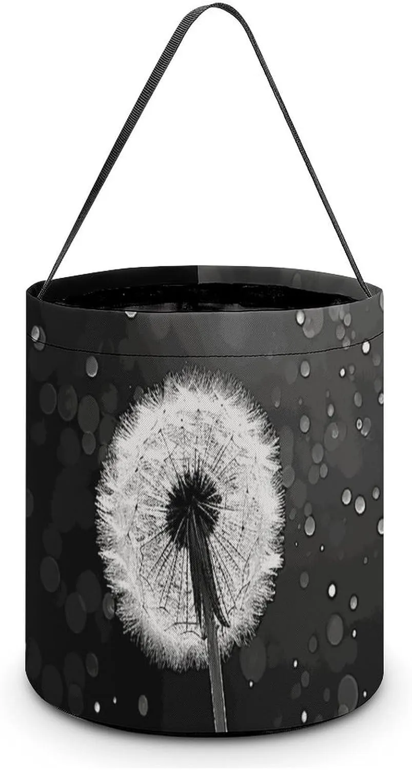 Portable Halloween Tote Candy Bags with Handle Dandelion Black And White Printed Collapsible Bucket Party Favor Supplies for Christmas Wedding Room Decor