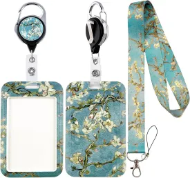 Quite & Vitality Lanyards for ID Badges, Oil Painting Almond Blossom ID Badge Holder with Lanyard Retractable Badge Holder Reel, Nurse Teacher Office Gifts