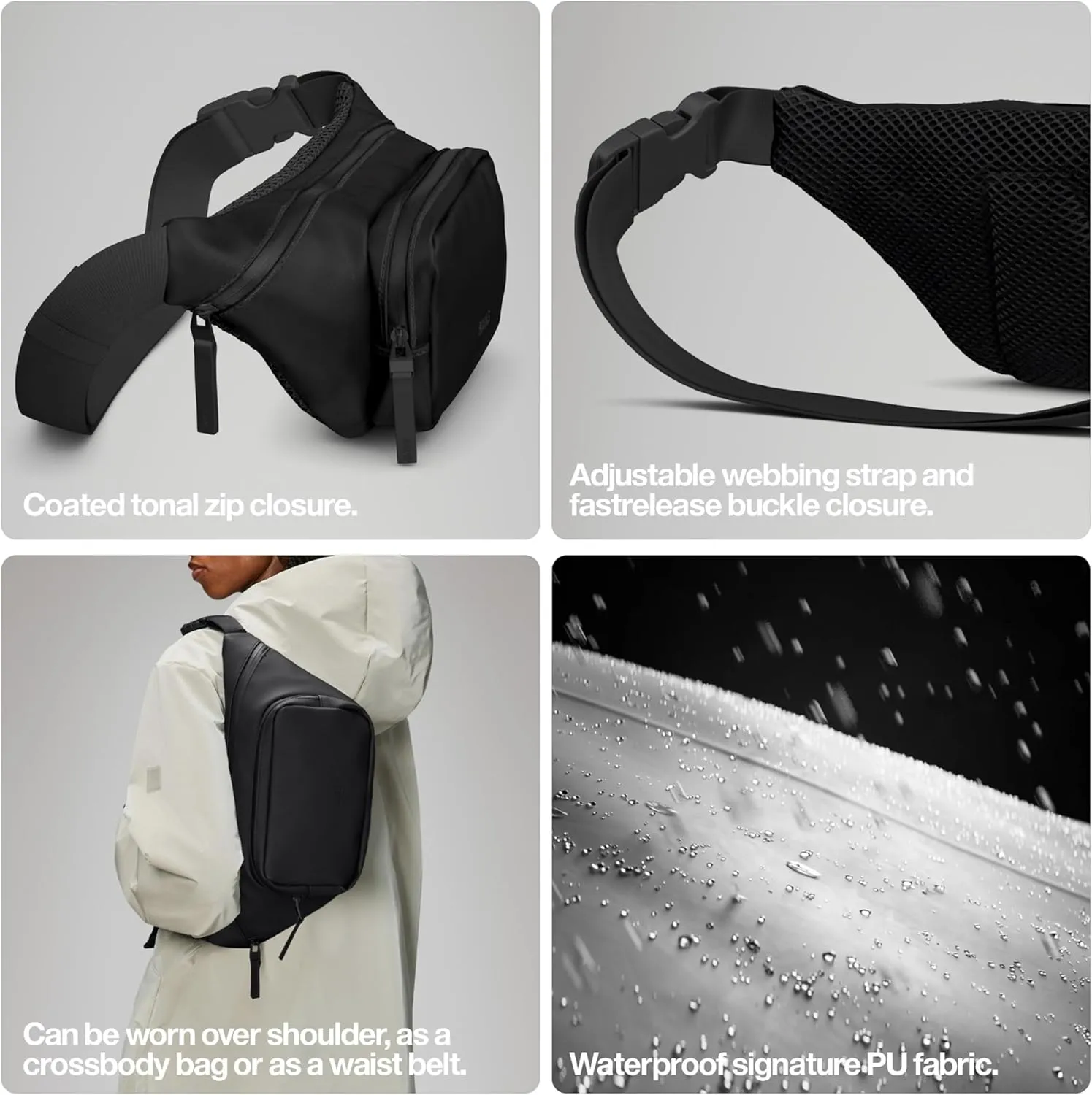 RAINS Unisex Waterproof Bum Bag - Versatile Black Crossbody, Sling Bag, Fanny Bag for Women and Men, Ideal for Travel and Outdoor Activities, Fashion Waist Pack (Black, Mini)