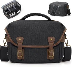 RAINSMORE Canvas Camera Bag, DSLR/SLR/Mirrorless Small Camera Sling Bags Cross-body Camera Case, Compact Shoulder Bag for Photographers with Rain Cover Vintage Sling Bags for Men and Women, Black