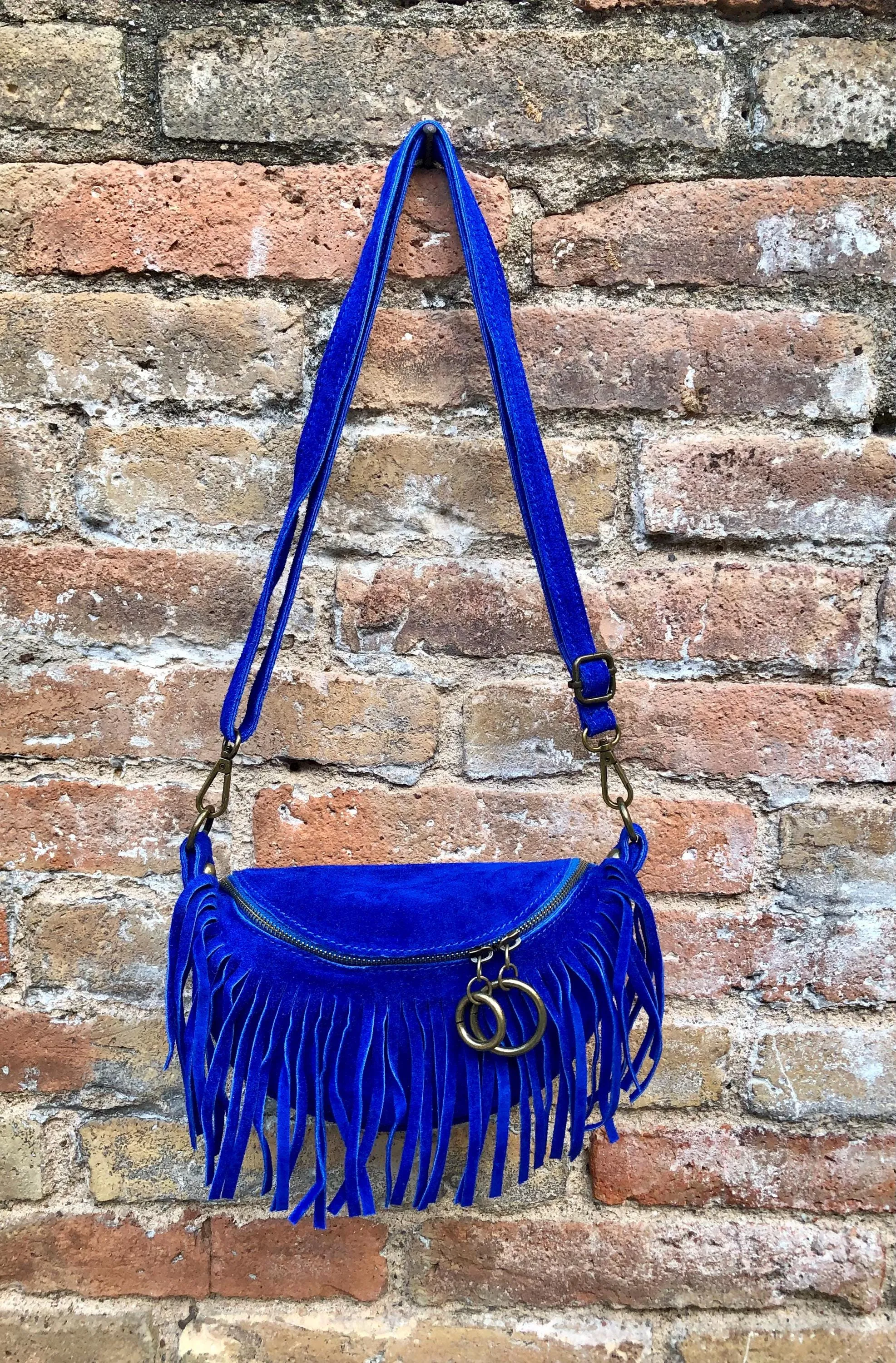 Royal BLUE fringed crossbody / shoulder bag. BOHO suede leather bag with fringes. Small suede hippy bag. Cobalt blue fringes suede purse