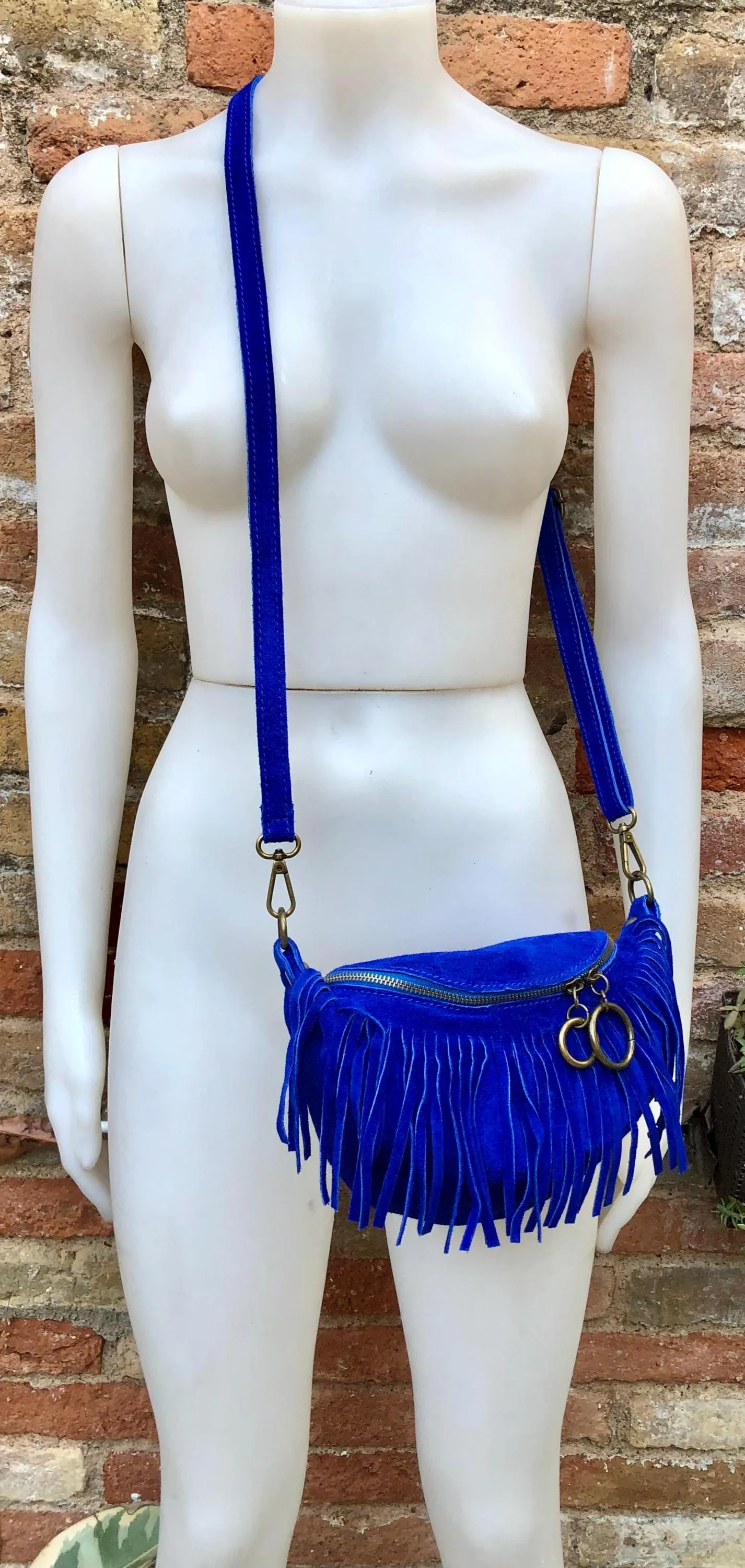 Royal BLUE fringed crossbody / shoulder bag. BOHO suede leather bag with fringes. Small suede hippy bag. Cobalt blue fringes suede purse