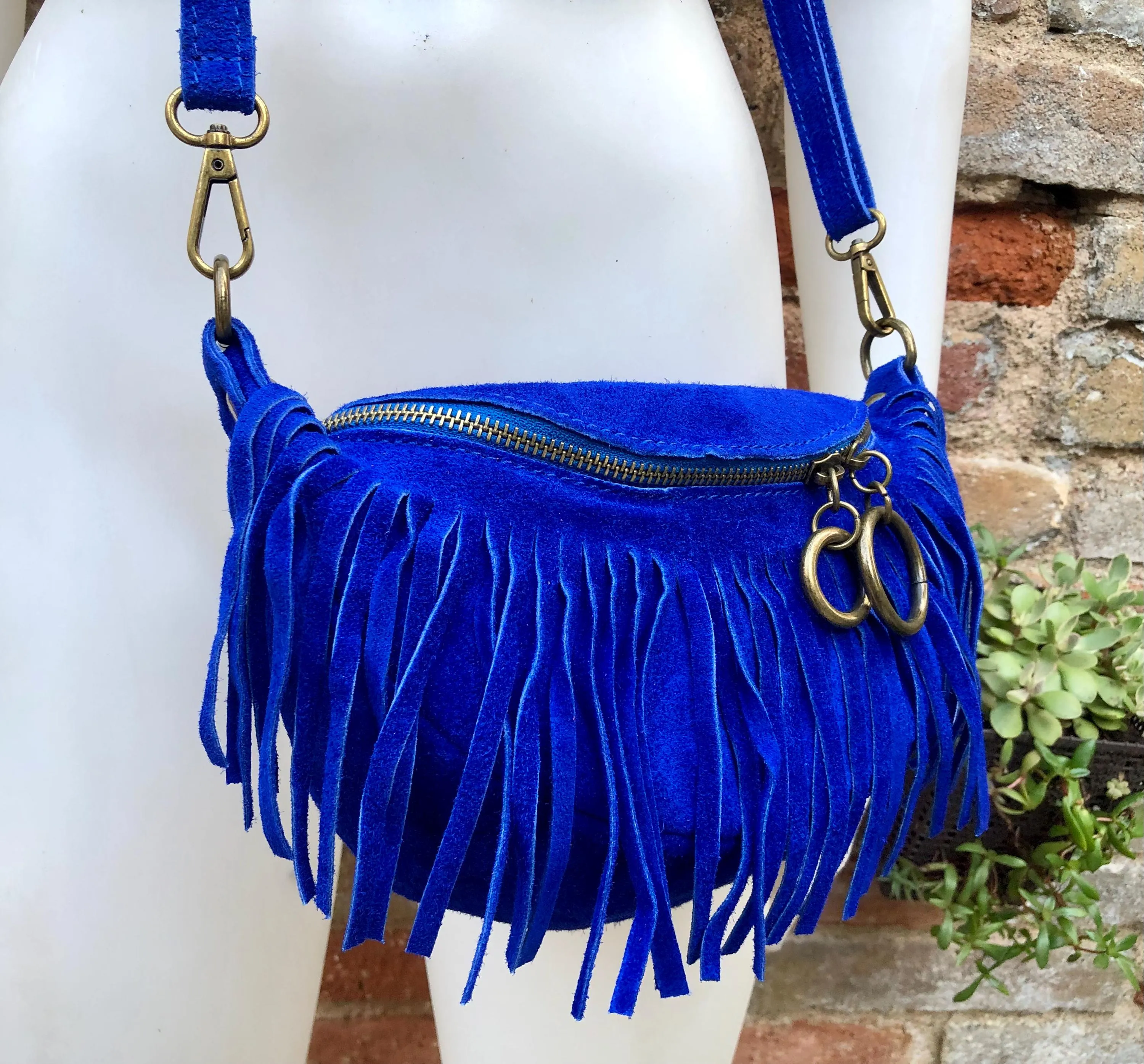 Royal BLUE fringed crossbody / shoulder bag. BOHO suede leather bag with fringes. Small suede hippy bag. Cobalt blue fringes suede purse