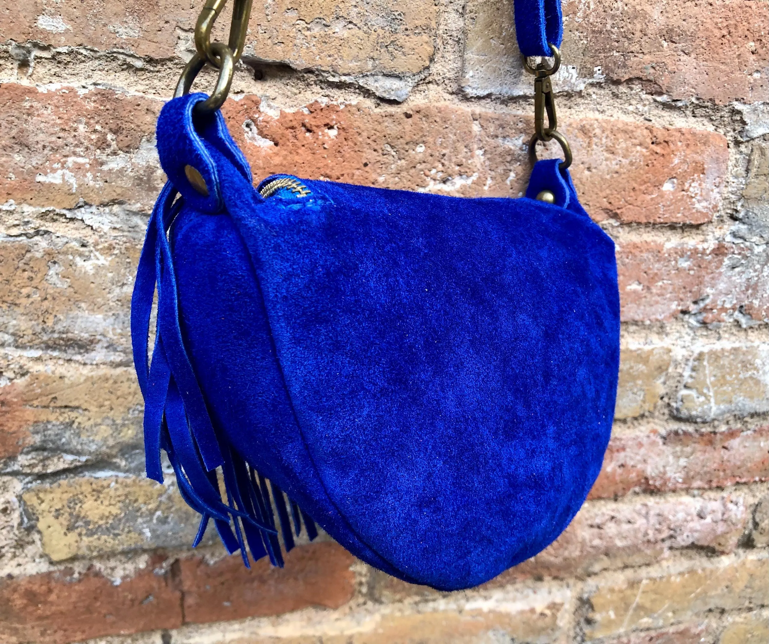 Royal BLUE fringed crossbody / shoulder bag. BOHO suede leather bag with fringes. Small suede hippy bag. Cobalt blue fringes suede purse