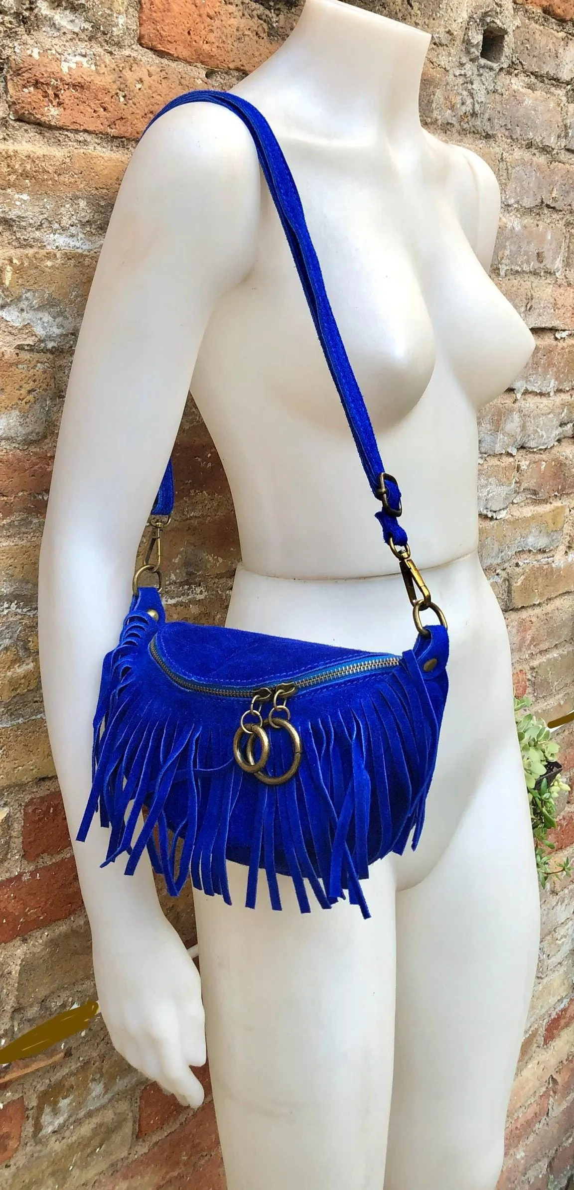 Royal BLUE fringed crossbody / shoulder bag. BOHO suede leather bag with fringes. Small suede hippy bag. Cobalt blue fringes suede purse