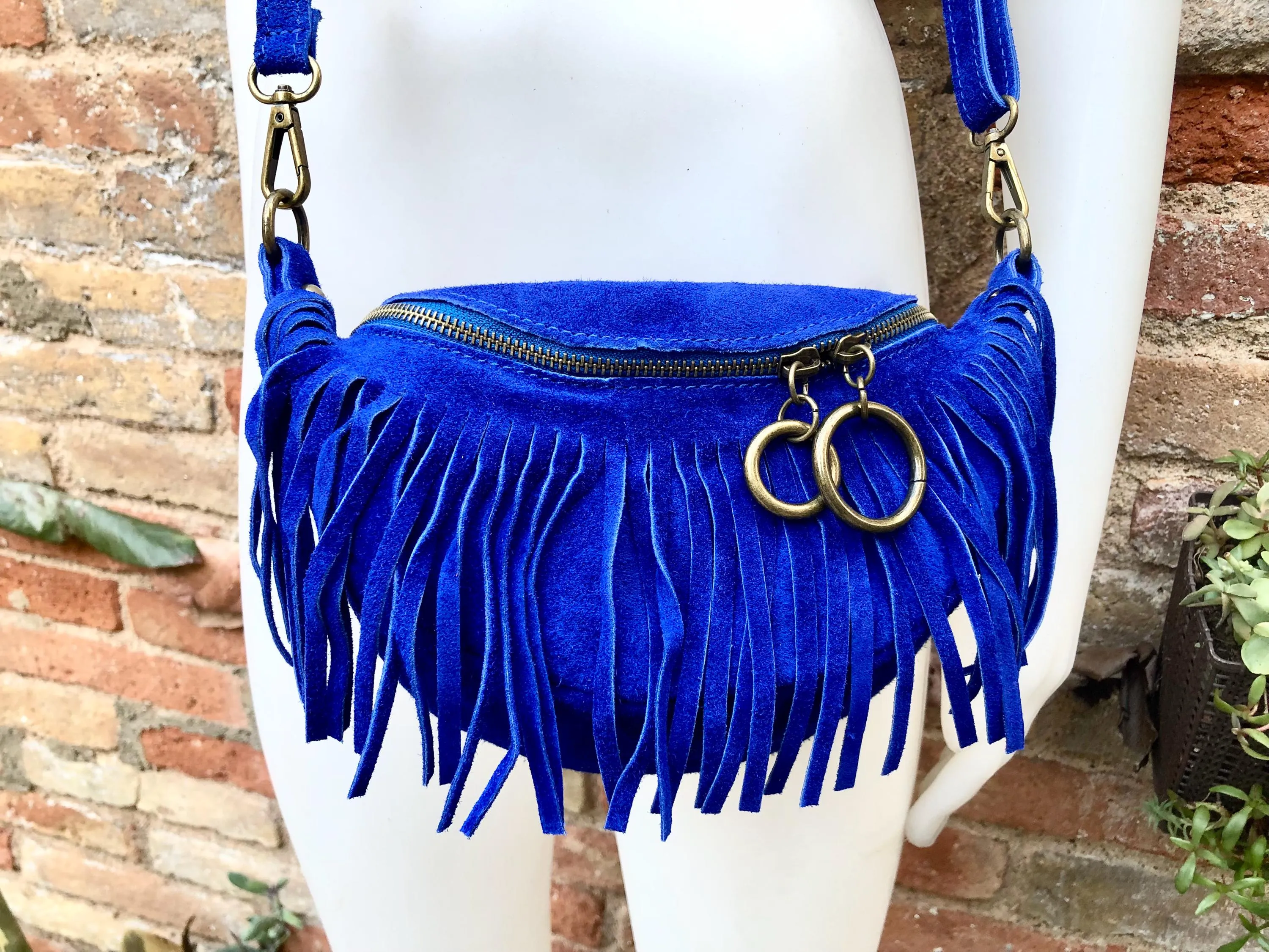 Royal BLUE fringed crossbody / shoulder bag. BOHO suede leather bag with fringes. Small suede hippy bag. Cobalt blue fringes suede purse