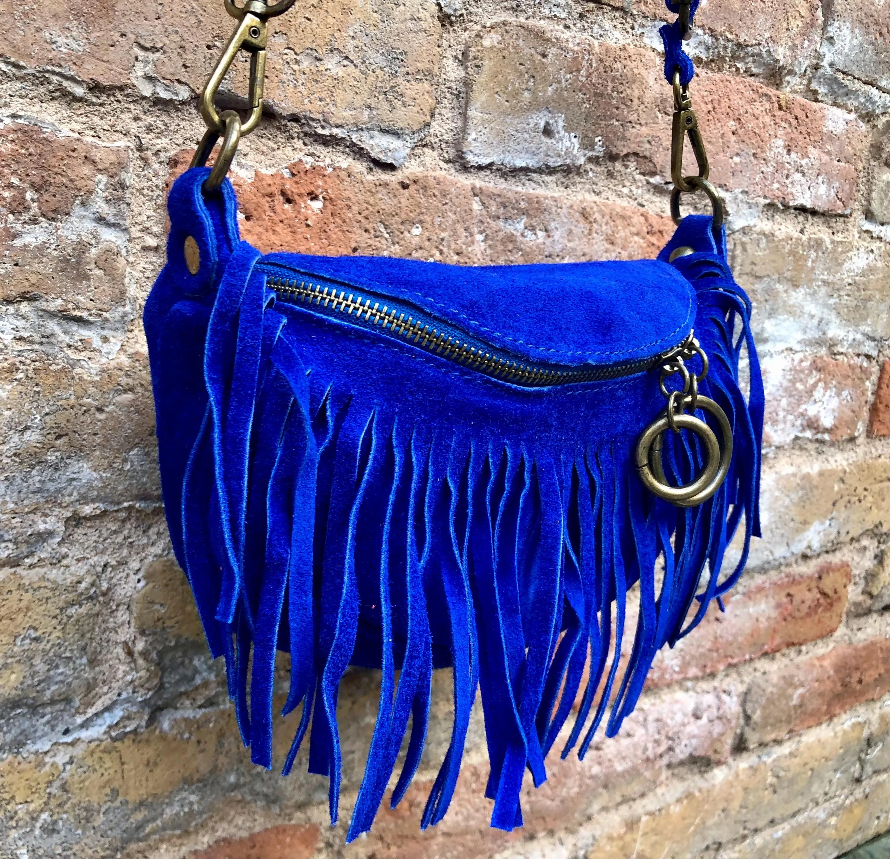 Royal BLUE fringed crossbody / shoulder bag. BOHO suede leather bag with fringes. Small suede hippy bag. Cobalt blue fringes suede purse