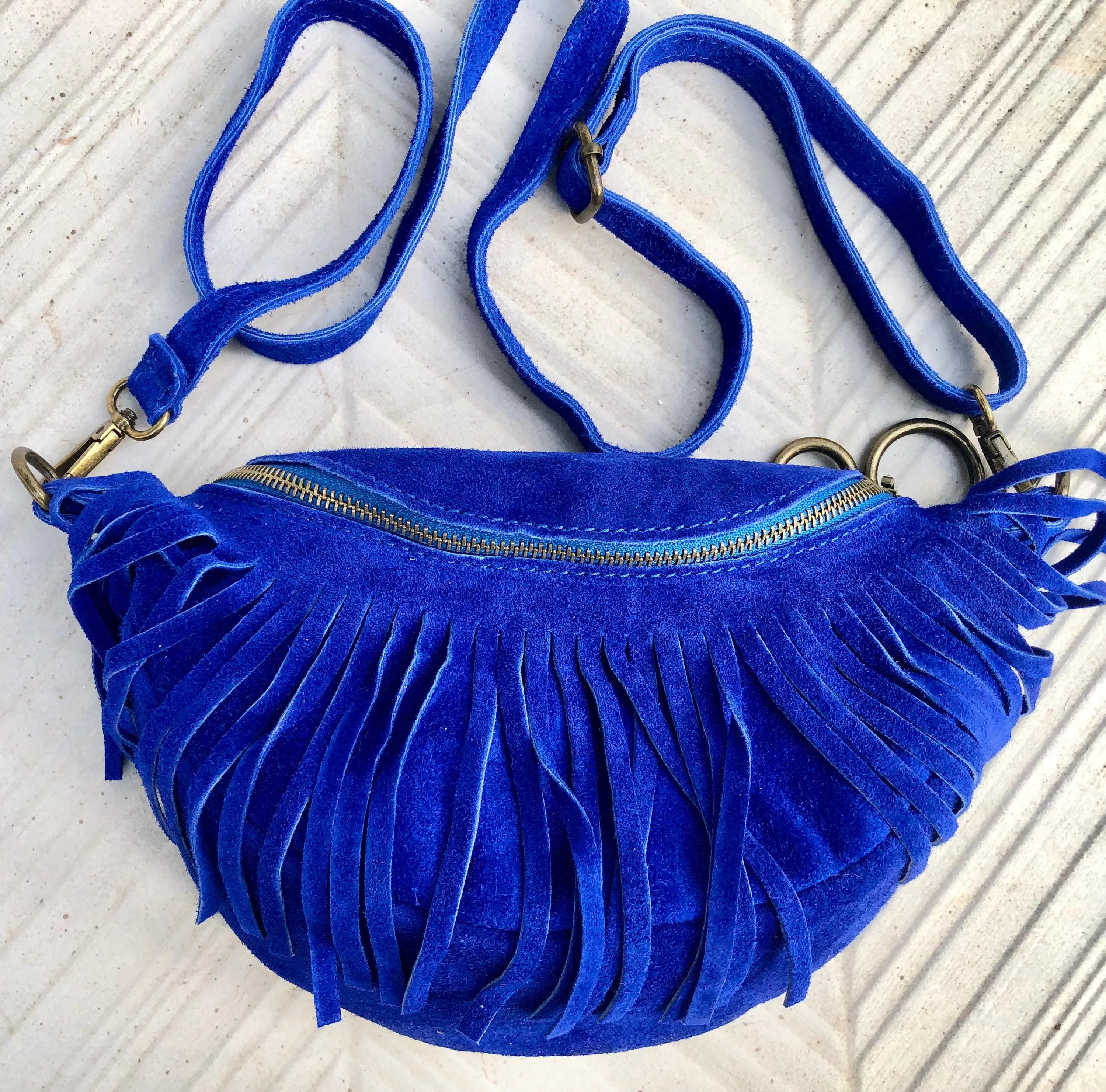Royal BLUE fringed crossbody / shoulder bag. BOHO suede leather bag with fringes. Small suede hippy bag. Cobalt blue fringes suede purse