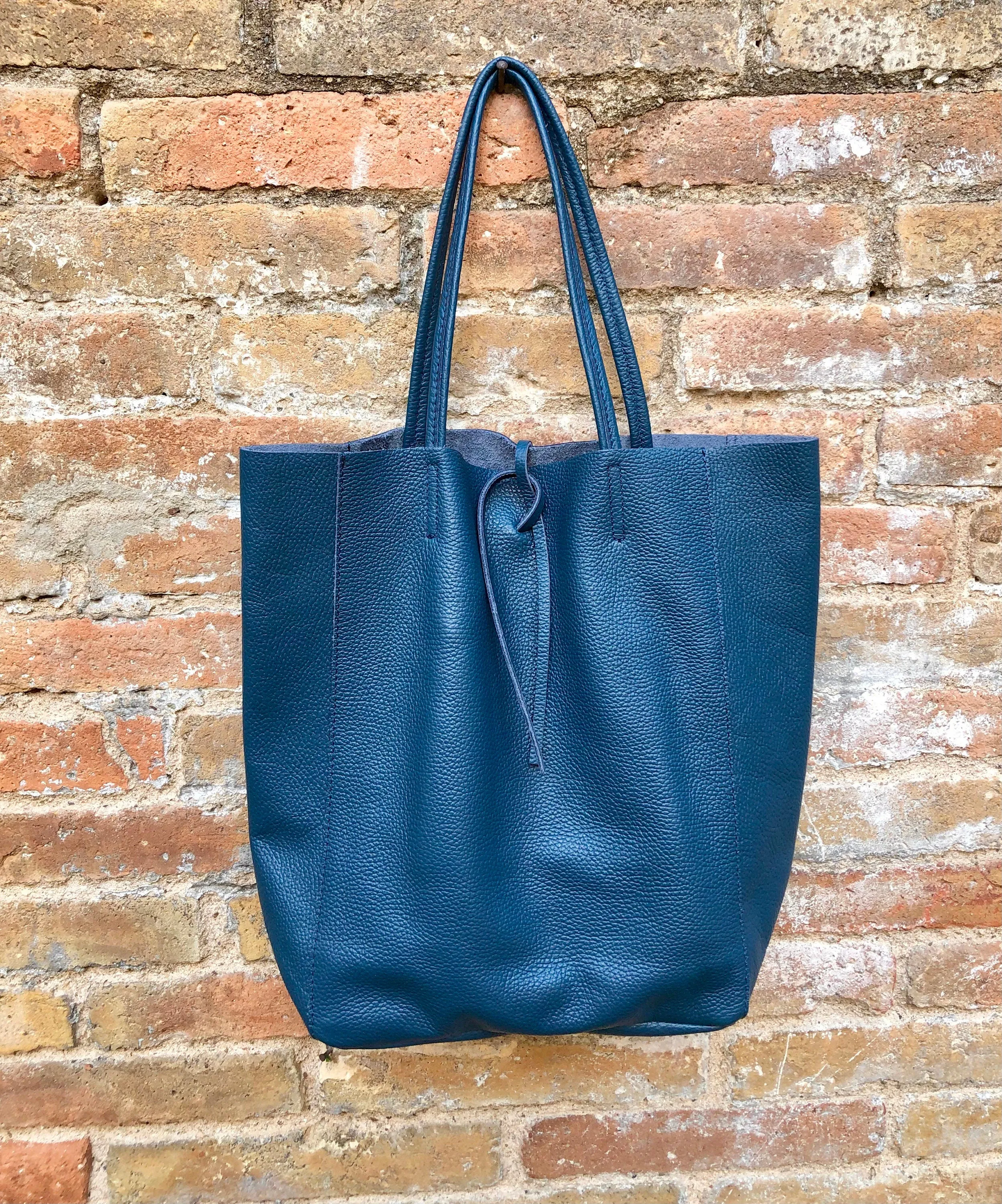 Tote leather bag in dark blue. Leather shopper in natural GENUINE leather. Large carry all bag for your laptop, books.BLUE leather shopper.