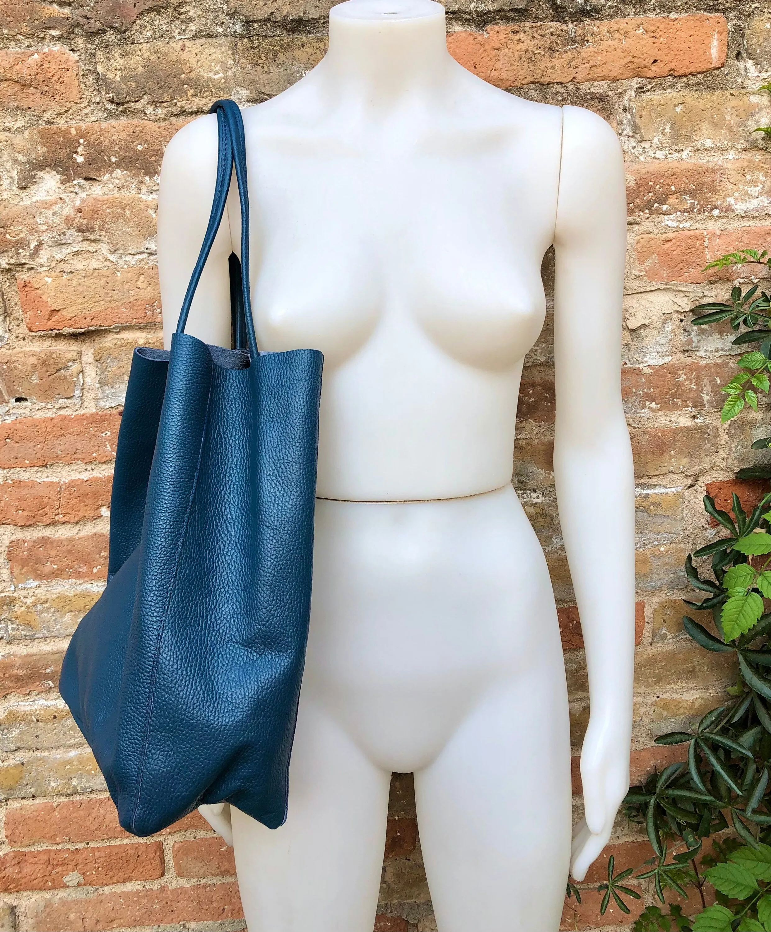 Tote leather bag in dark blue. Leather shopper in natural GENUINE leather. Large carry all bag for your laptop, books.BLUE leather shopper.