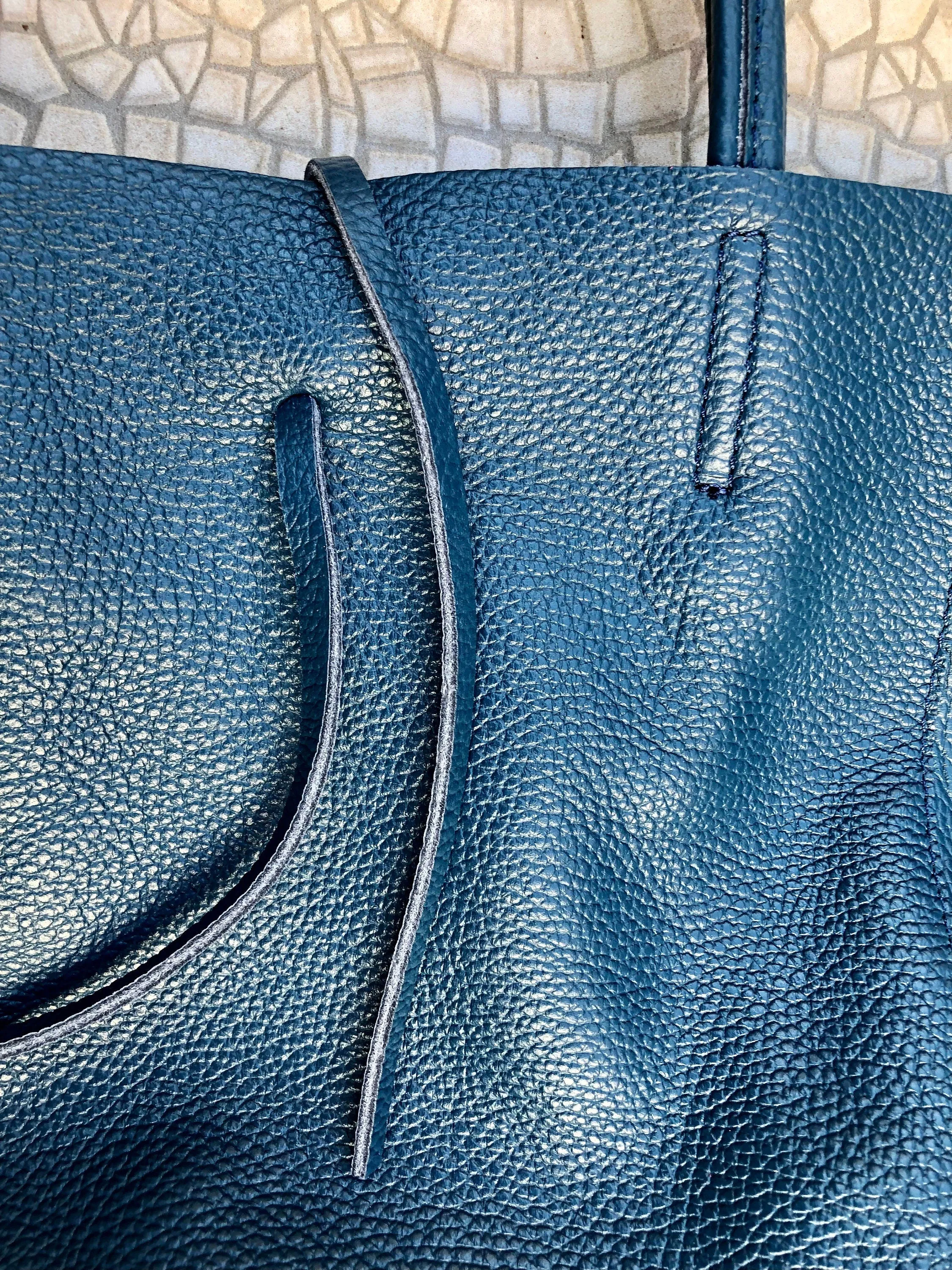 Tote leather bag in dark blue. Leather shopper in natural GENUINE leather. Large carry all bag for your laptop, books.BLUE leather shopper.