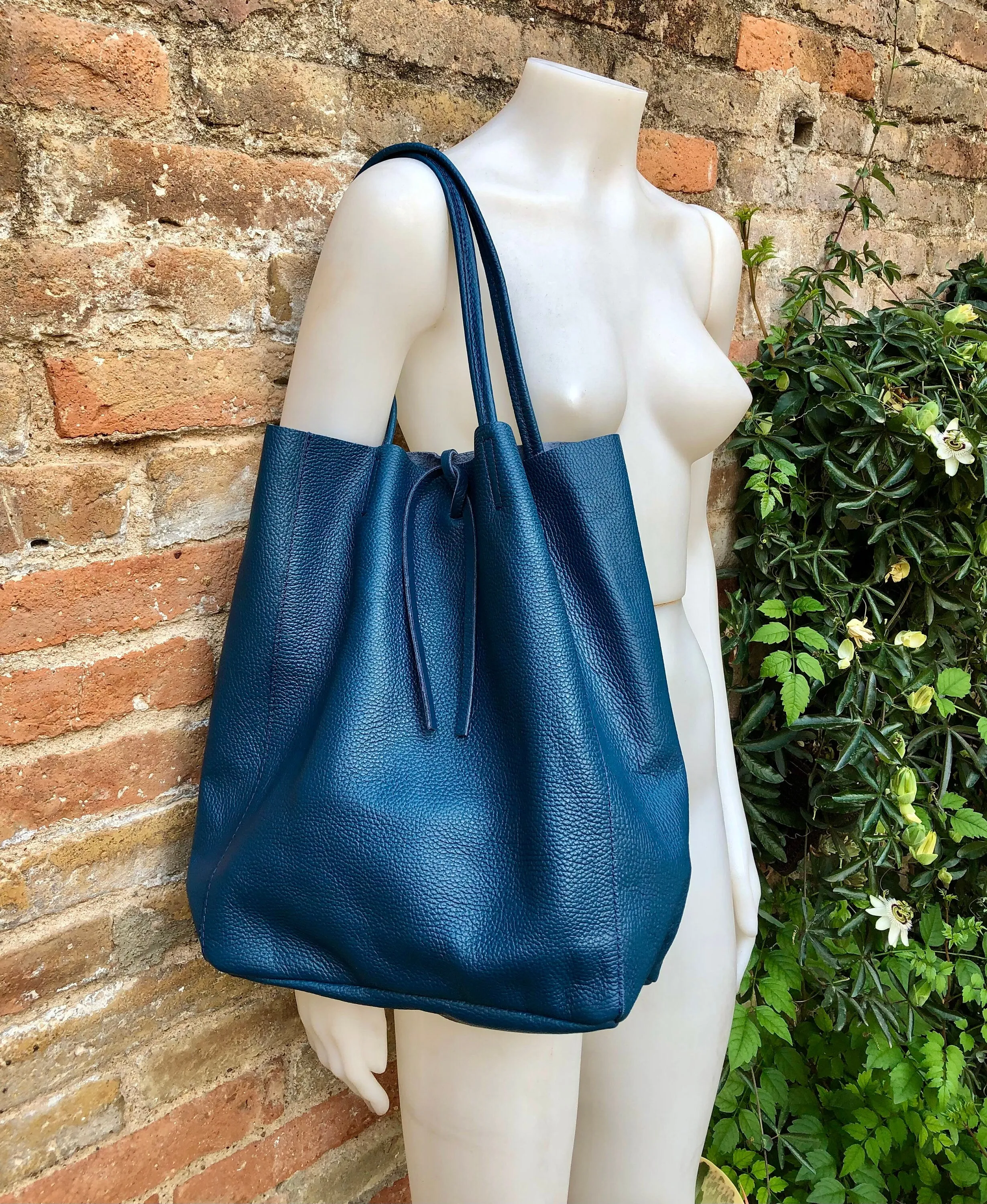 Tote leather bag in dark blue. Leather shopper in natural GENUINE leather. Large carry all bag for your laptop, books.BLUE leather shopper.