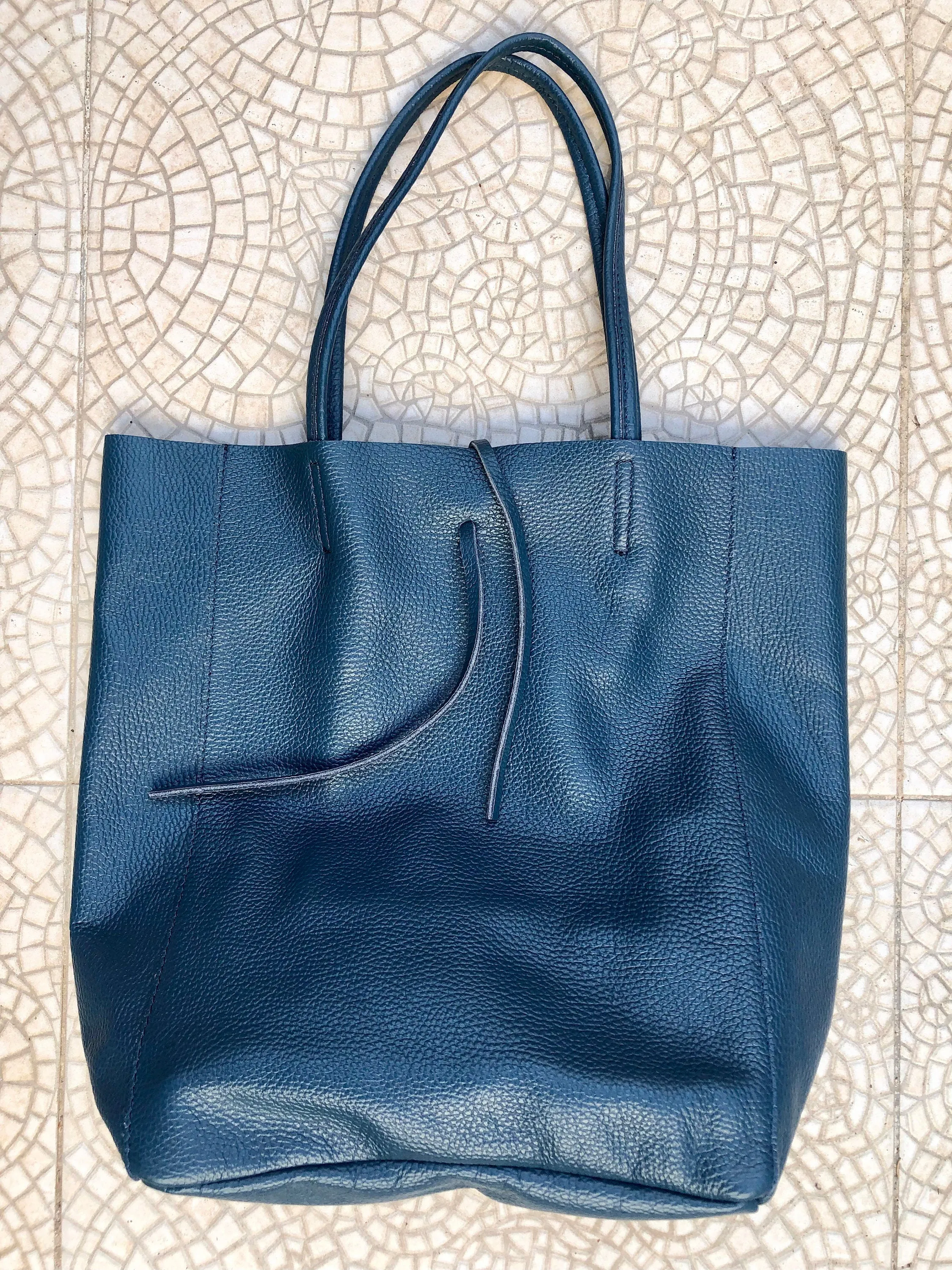 Tote leather bag in dark blue. Leather shopper in natural GENUINE leather. Large carry all bag for your laptop, books.BLUE leather shopper.