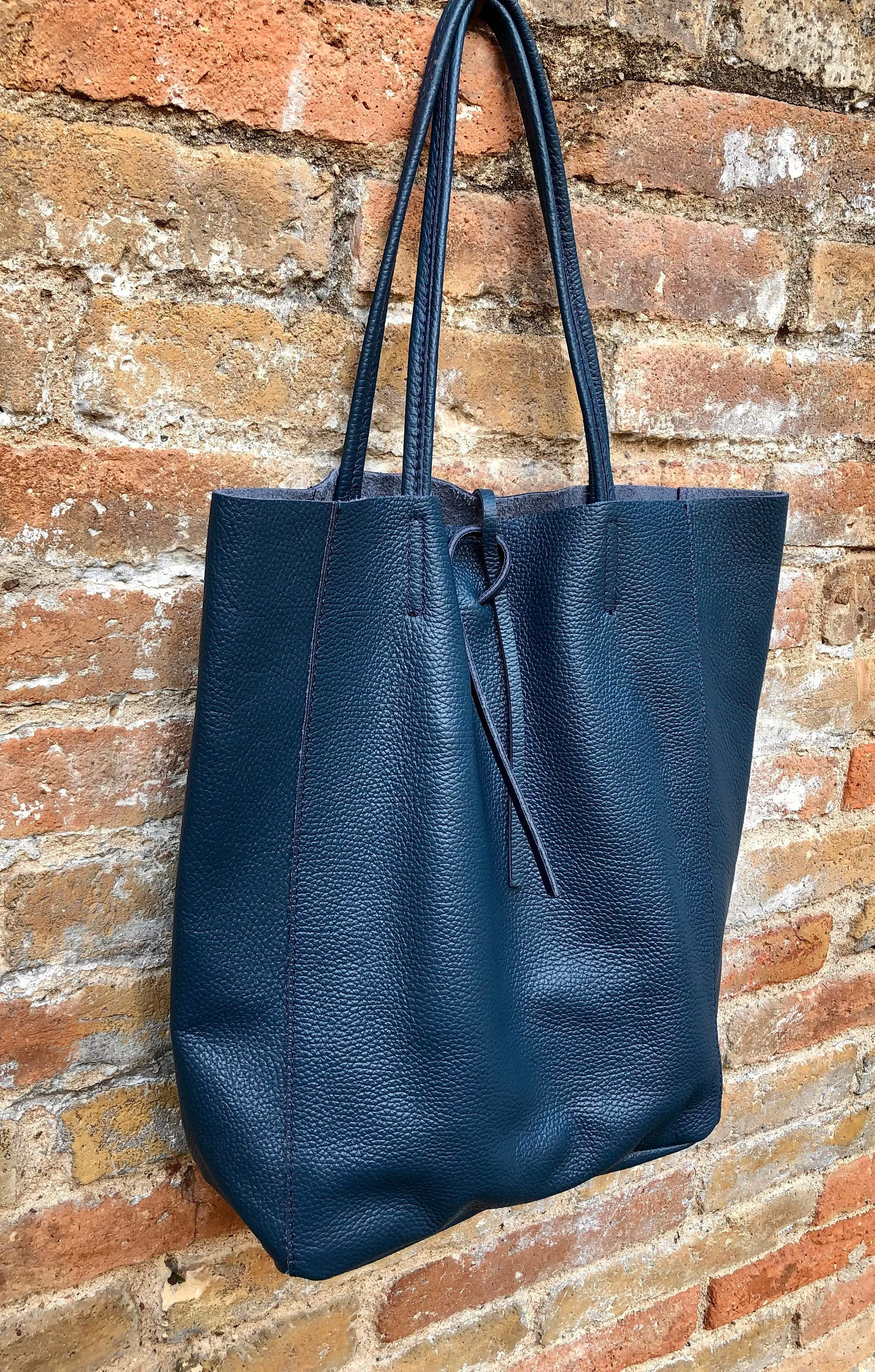Tote leather bag in dark blue. Leather shopper in natural GENUINE leather. Large carry all bag for your laptop, books.BLUE leather shopper.