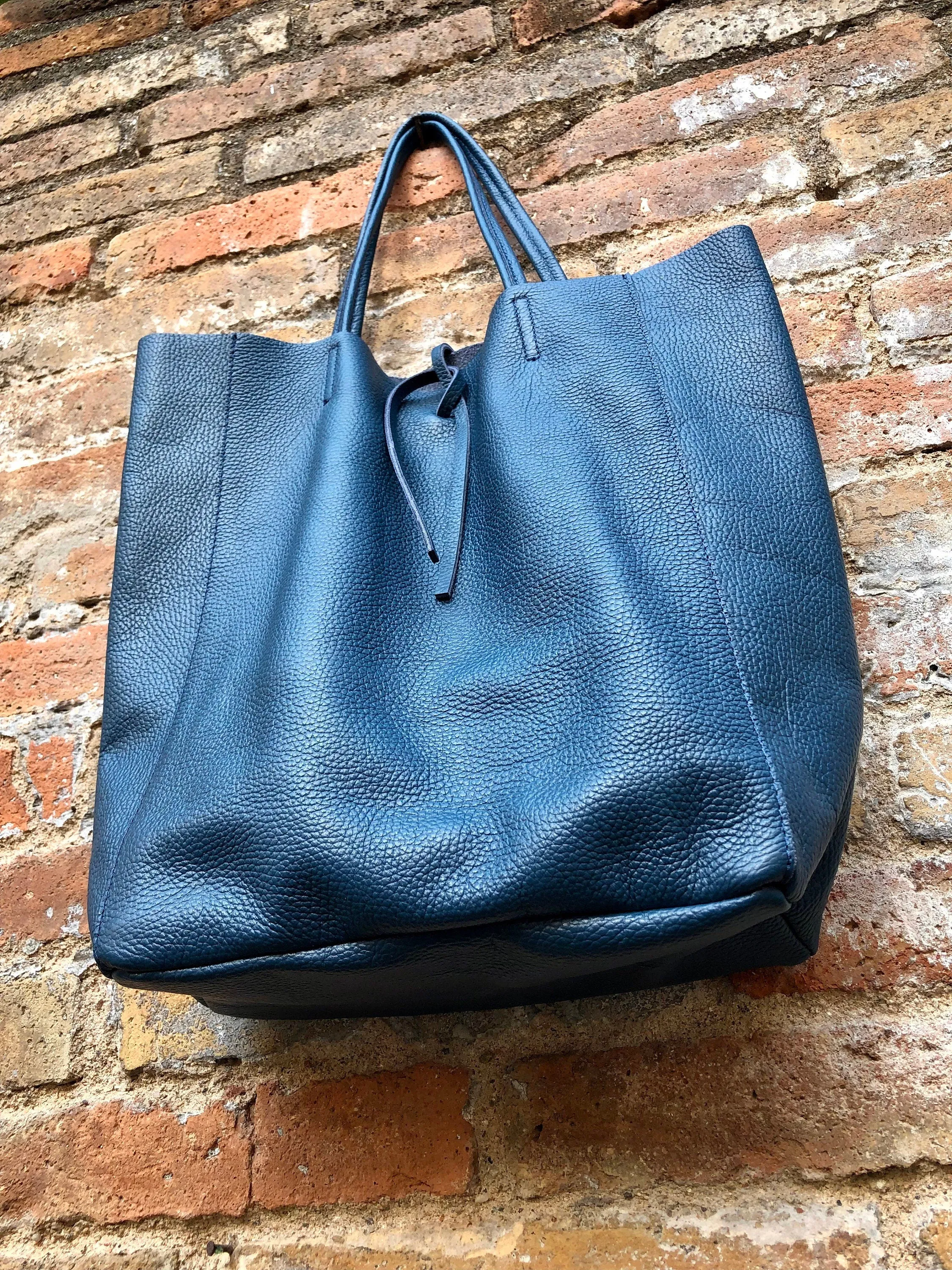 Tote leather bag in dark blue. Leather shopper in natural GENUINE leather. Large carry all bag for your laptop, books.BLUE leather shopper.