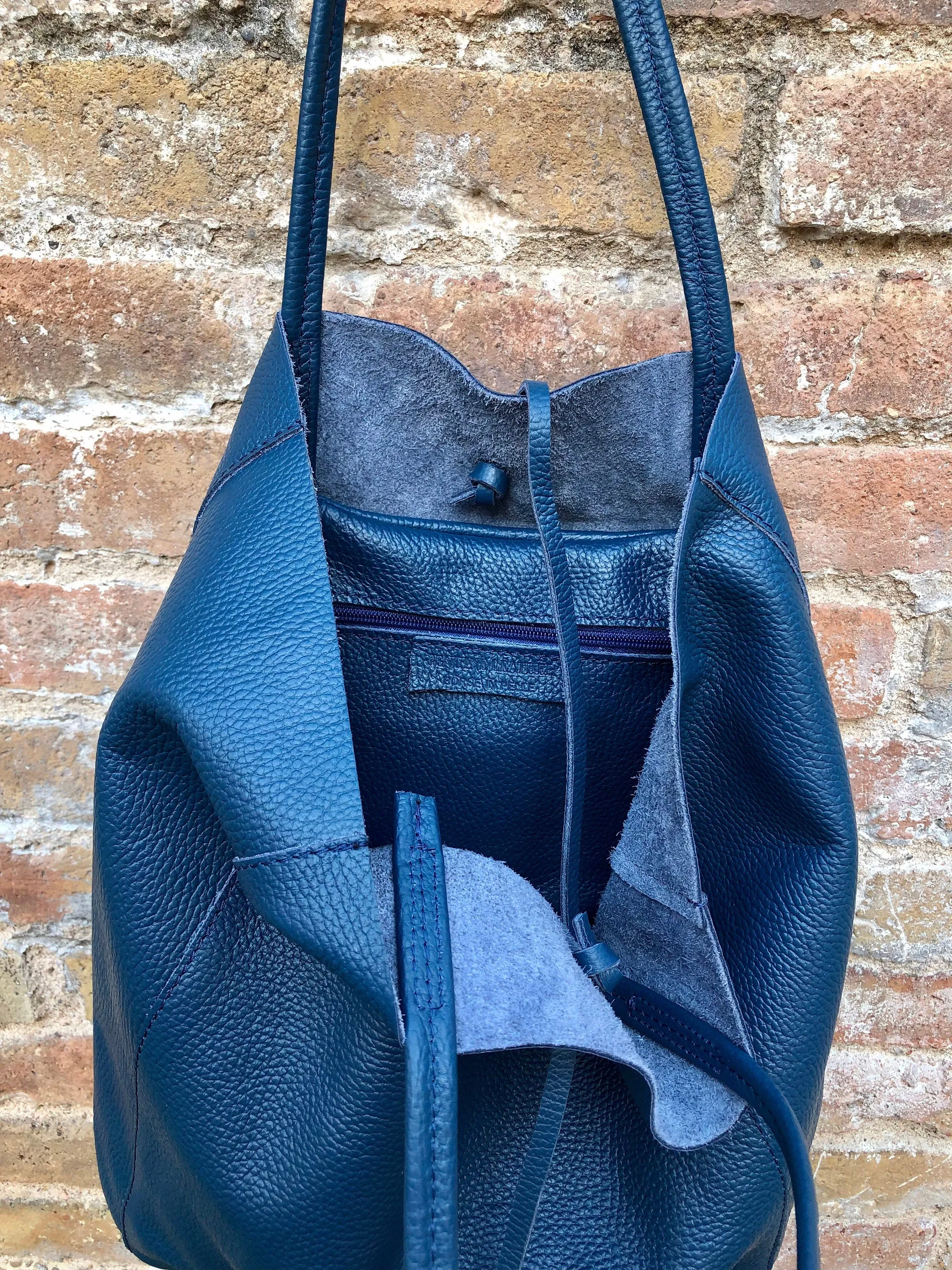 Tote leather bag in dark blue. Leather shopper in natural GENUINE leather. Large carry all bag for your laptop, books.BLUE leather shopper.