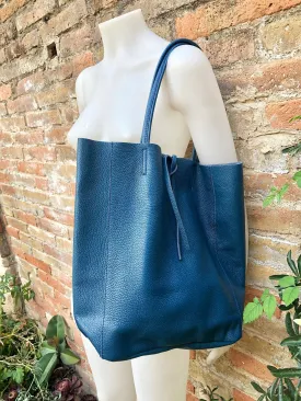 Tote leather bag in dark blue. Leather shopper in natural GENUINE leather. Large carry all bag for your laptop, books.BLUE leather shopper.