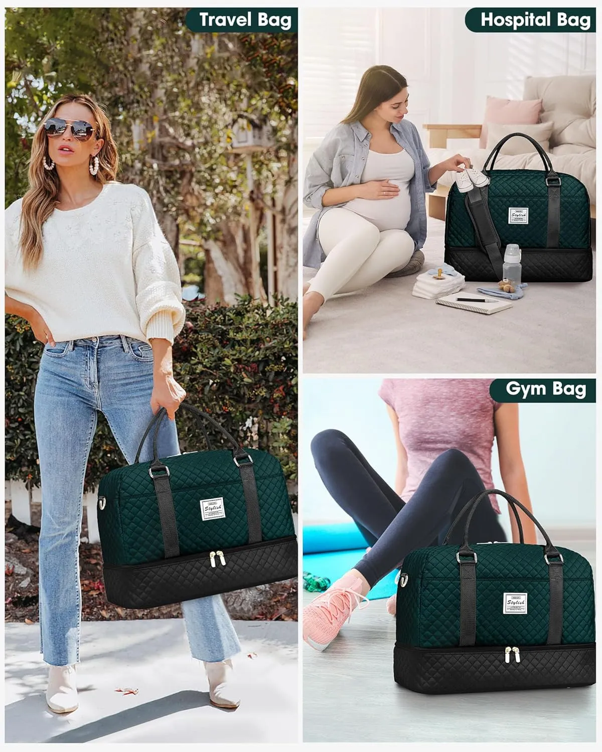 Travel Duffle Bag Weekender Bags: Duffel Bag with Shoe Compartment Carry On Overnight Bag with Wet Pocket Yoga Gym Bags Hospital Bags for Labor and Delivery 3 Pcs Set Black Green