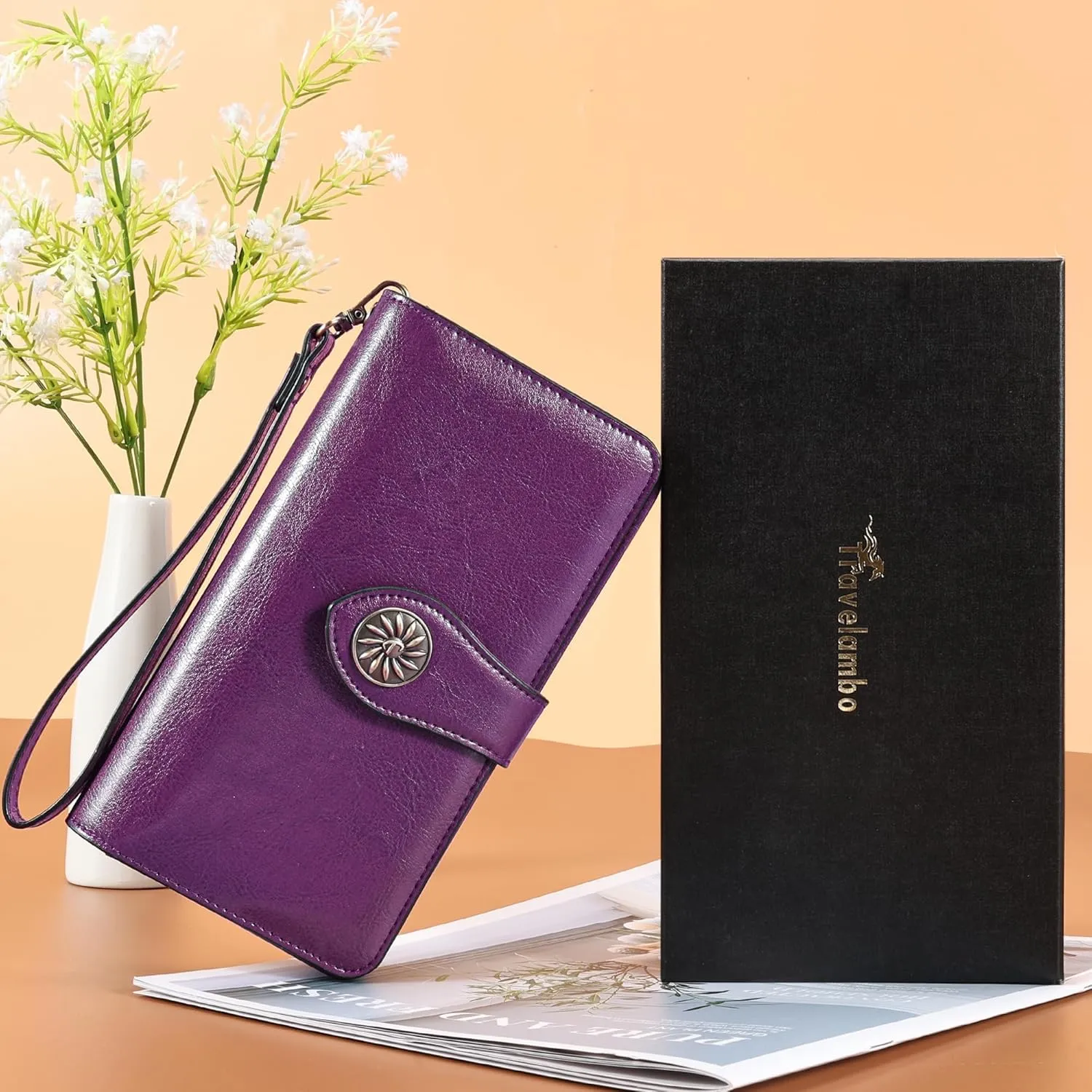 Travelambo Women's Wallet RFID Blocking Credit Card Holder Large Capacity Wristlet Leather Wallets Purse