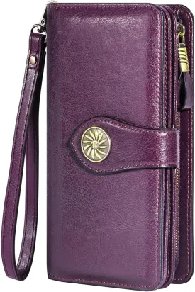 Travelambo Women's Wallet RFID Blocking Credit Card Holder Large Capacity Wristlet Leather Wallets Purse